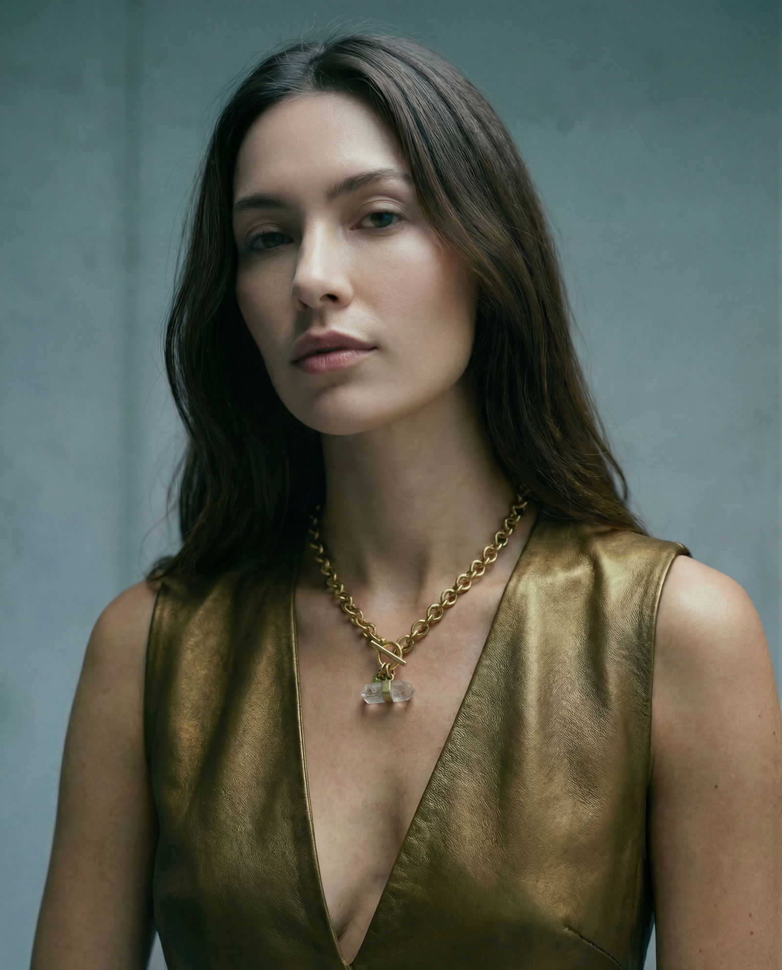 Athena Statement Gold Chain Necklace with Toggle fastening and Quartz Crystal Pendant from Lawless Jewellery from Killarney Ireland