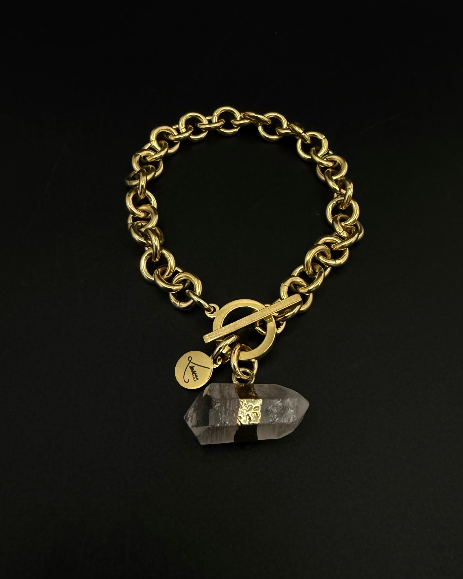 Gold-plated stainless steel chain bracelet with raw clear quartz crystal detail on an 8 mm chain and toggle clasp, Athena Axiom Bracelet by Lawless Jewellery.