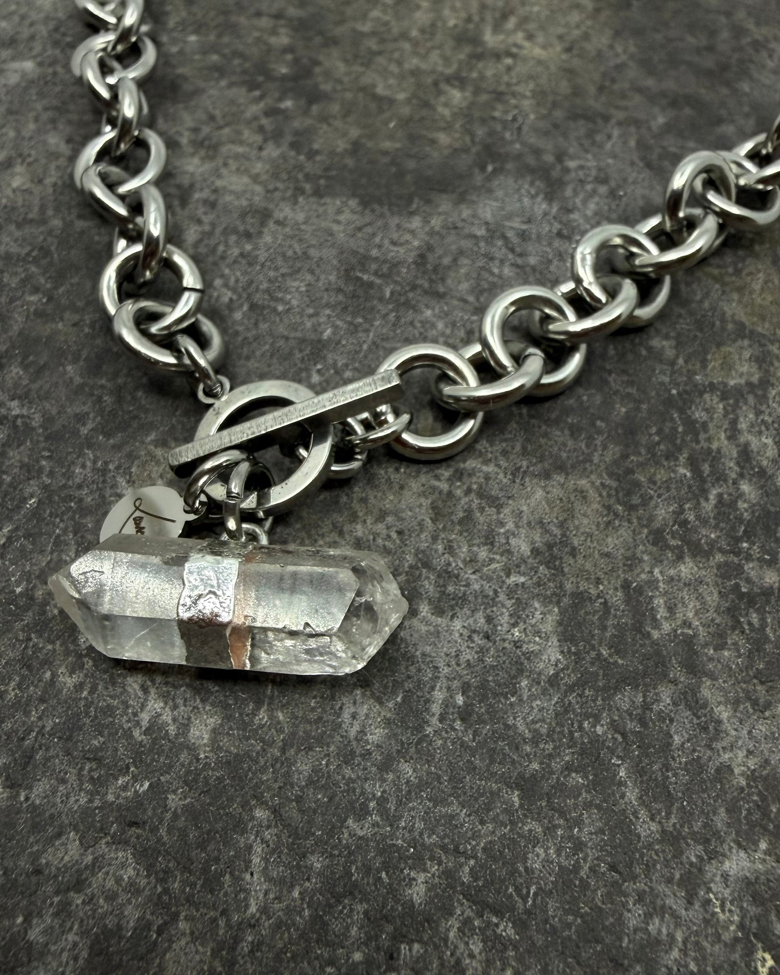 Stainless steel 12mm link chain necklace with raw quartz crystal pendant and toggle clasp, 47cm length — Athena Axiom Necklace, Lawless Jewellery.