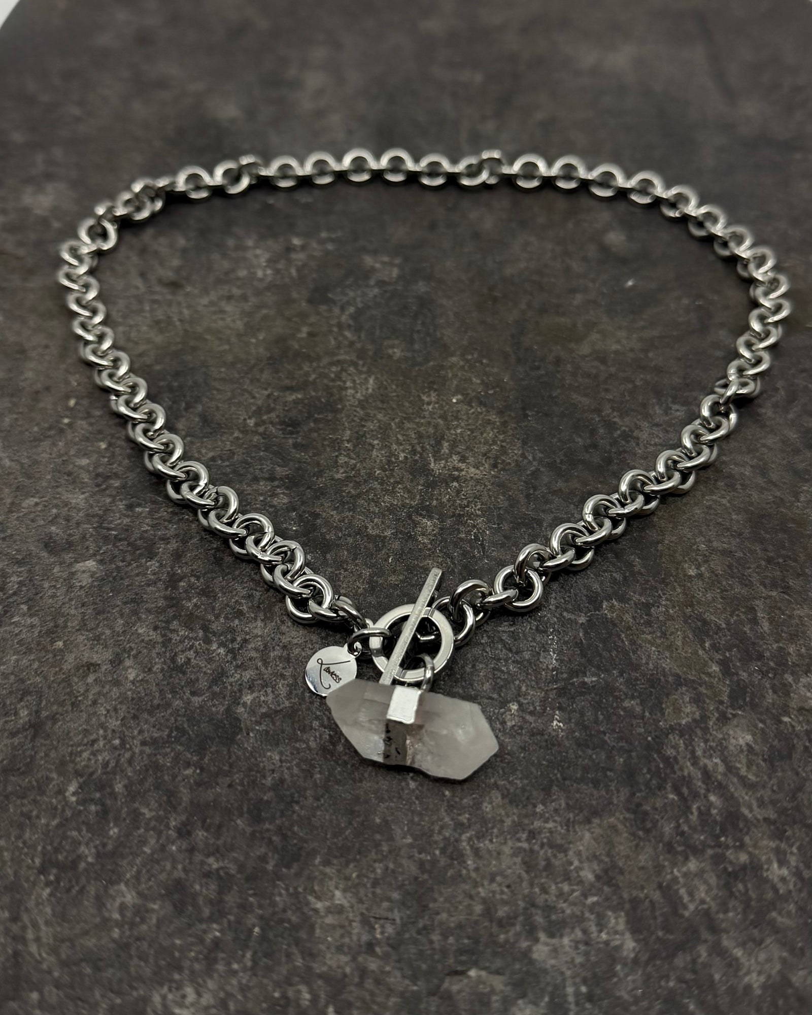 Stainless steel 8mm link chain necklace with raw quartz crystal pendant and toggle clasp, 47cm length — Athena Axiom Necklace, Lawless Jewellery.