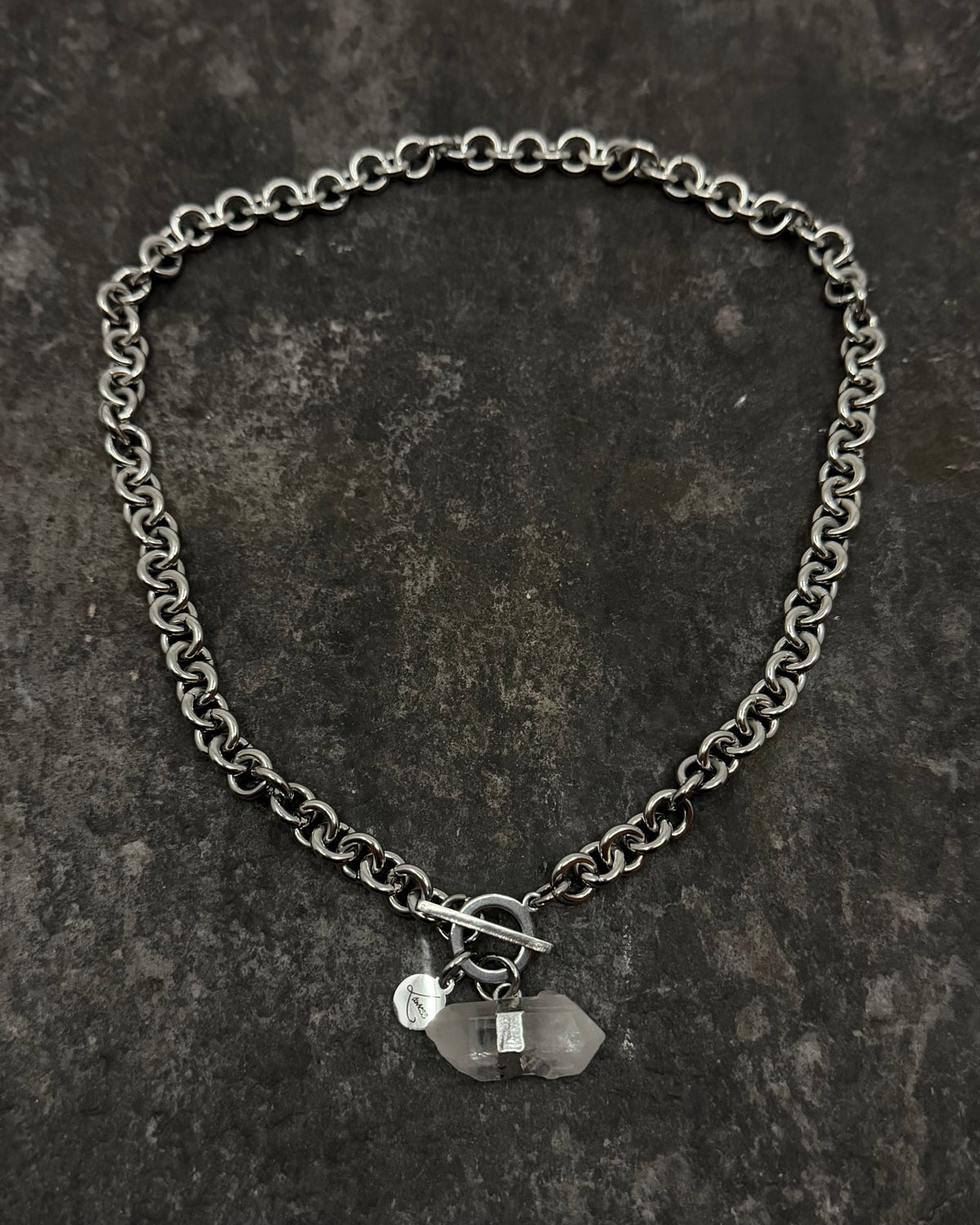 Stainless steel 8mm link chain necklace with raw quartz crystal pendant and toggle clasp, 47cm length — Athena Axiom Necklace, Lawless Jewellery.