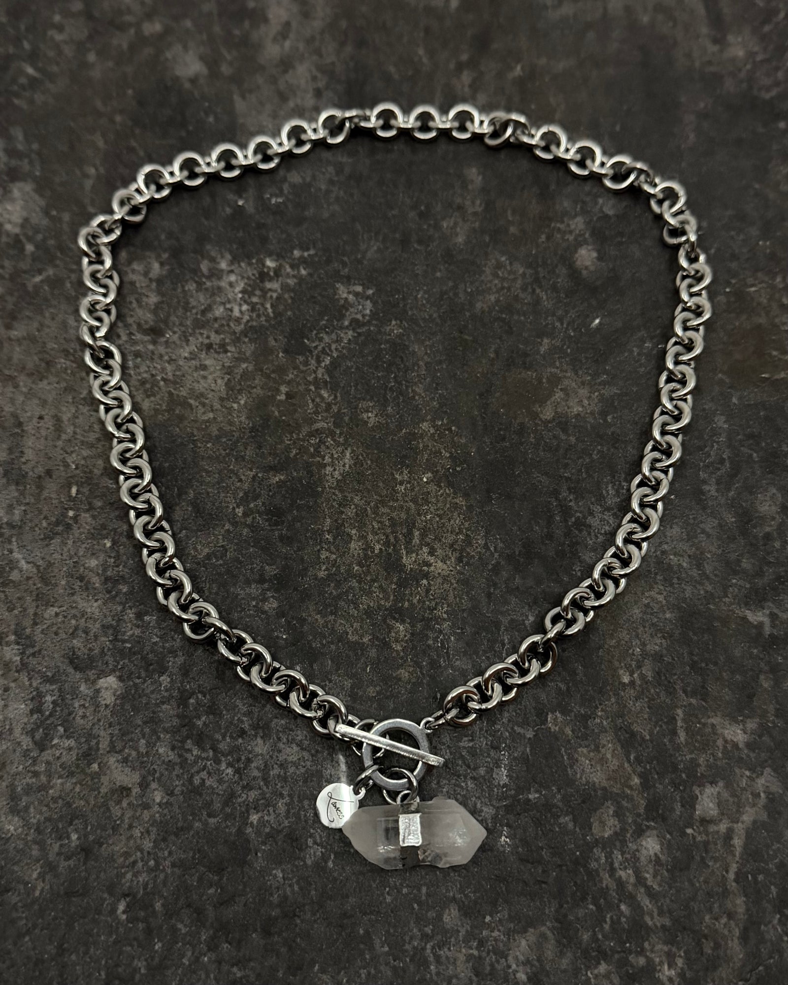 Stainless steel 8mm link chain necklace with raw quartz crystal pendant and toggle clasp, 47cm length — Athena Axiom Necklace, Lawless Jewellery.