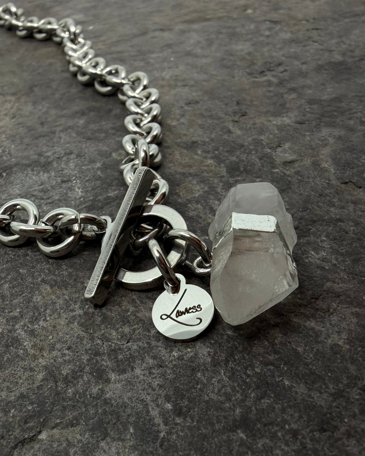 Stainless steel 8mm link chain necklace with raw quartz crystal pendant and toggle clasp, 47cm length — Athena Axiom Necklace, Lawless Jewellery.