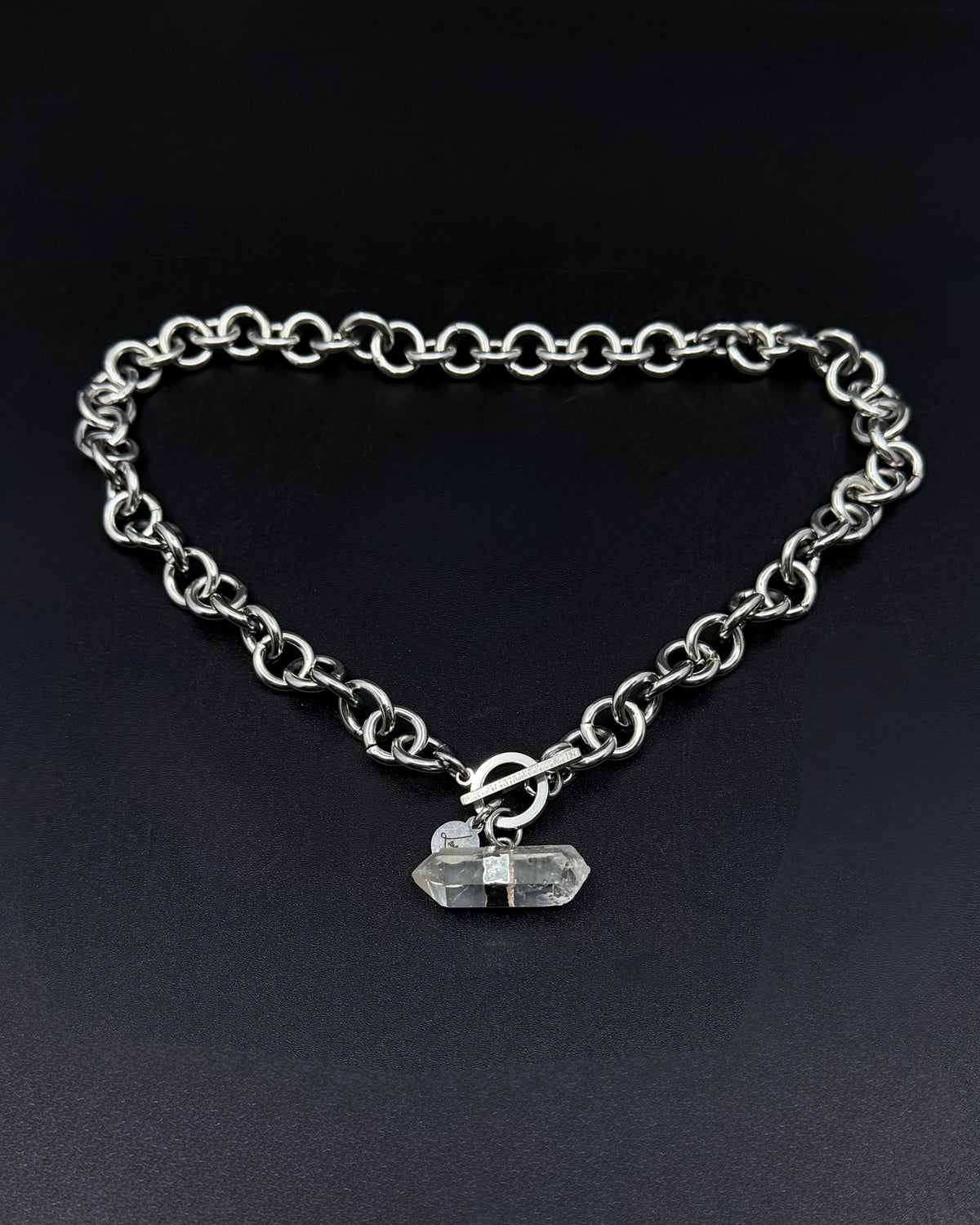 Stainless steel 12mm link chain necklace with raw quartz crystal pendant and toggle clasp, 47cm length — Athena Axiom Necklace, Lawless Jewellery.