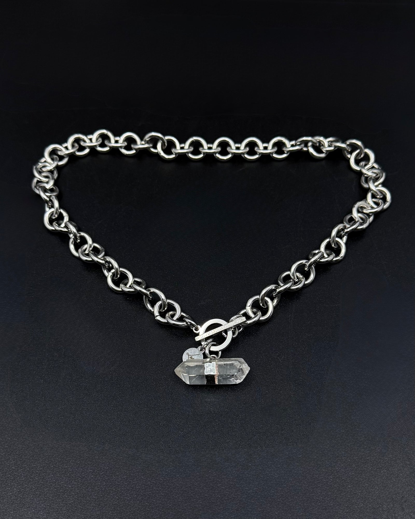 Stainless steel 12mm link chain necklace with raw quartz crystal pendant and toggle clasp, 47cm length — Athena Axiom Necklace, Lawless Jewellery.