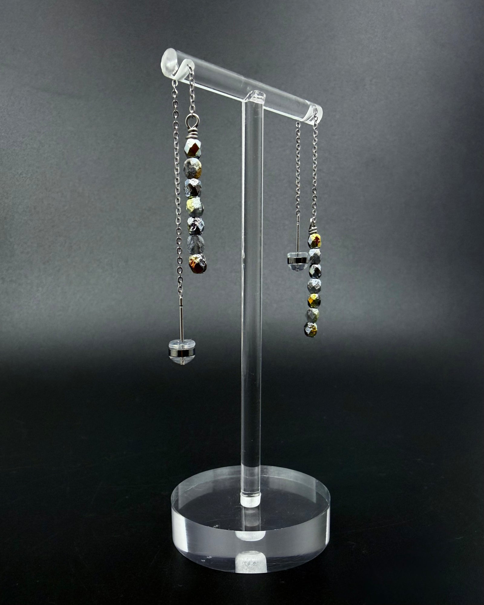 Silver Eos ear thread earrings with mixed silver and gold fire-polished bead drops, minimalist celestial threader design