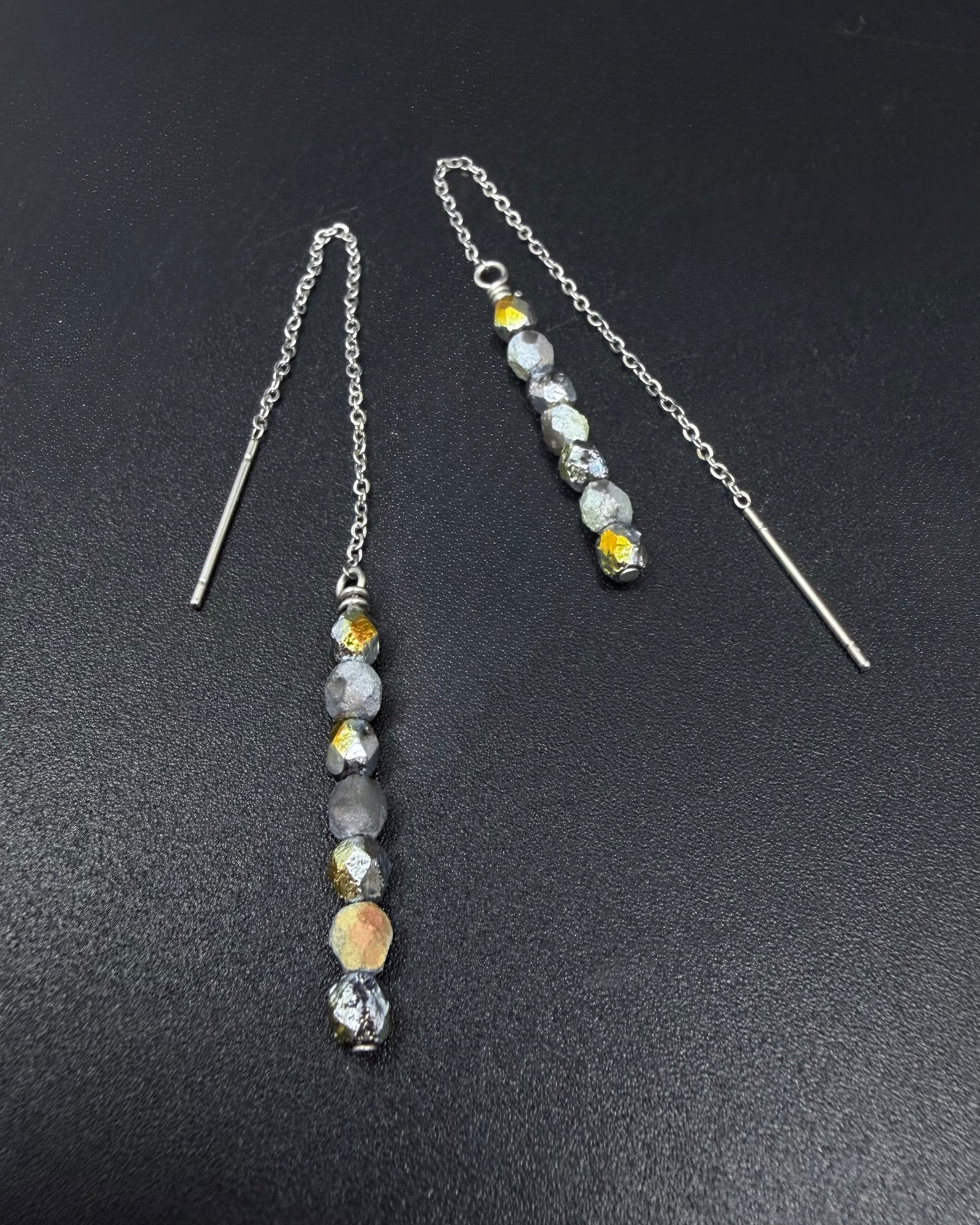 Silver Eos ear thread earrings with mixed silver and gold fire-polished bead drops, minimalist celestial threader design