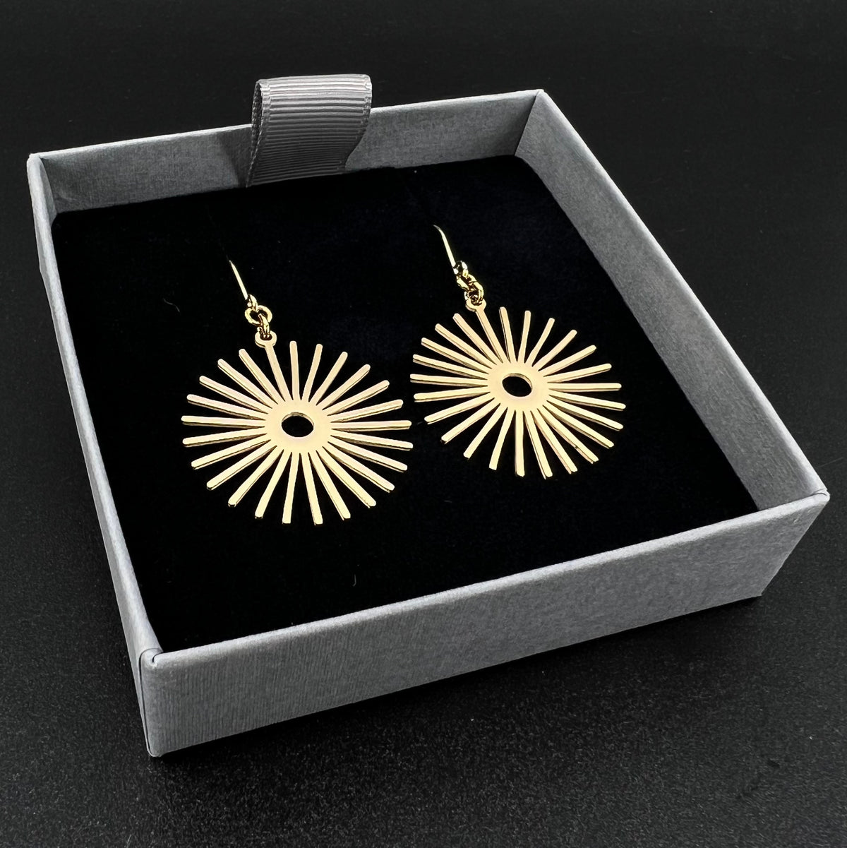 Gold stainless steel sunburst earrings with high-polish finish, 3 cm wide with a 5 cm drop — Ignia Earrings from the Eos Collection, Lawless Jewellery