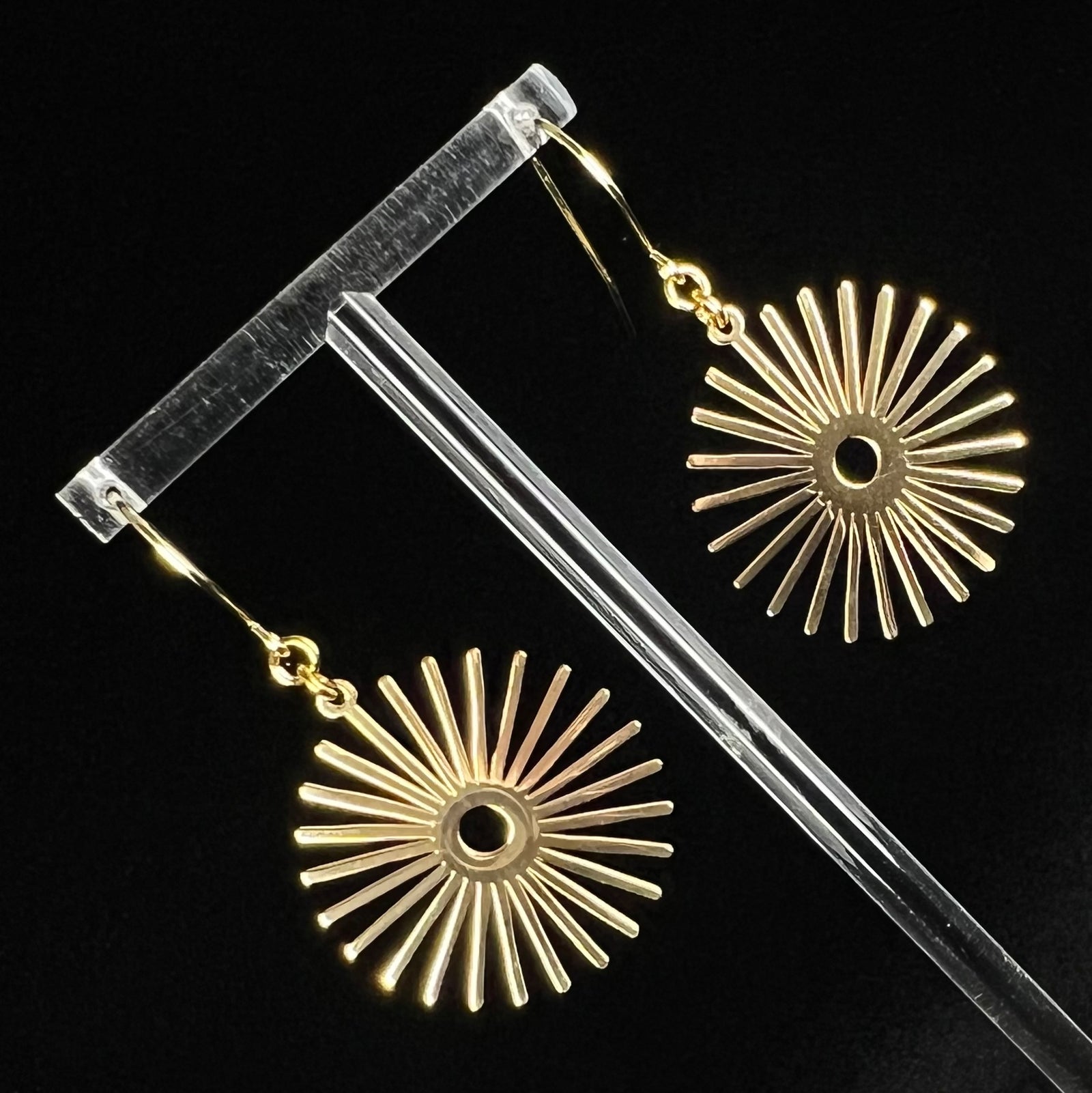 Gold stainless steel sunburst earrings with high-polish finish, 3 cm wide with a 5 cm drop — Ignia Earrings from the Eos Collection, Lawless Jewellery.