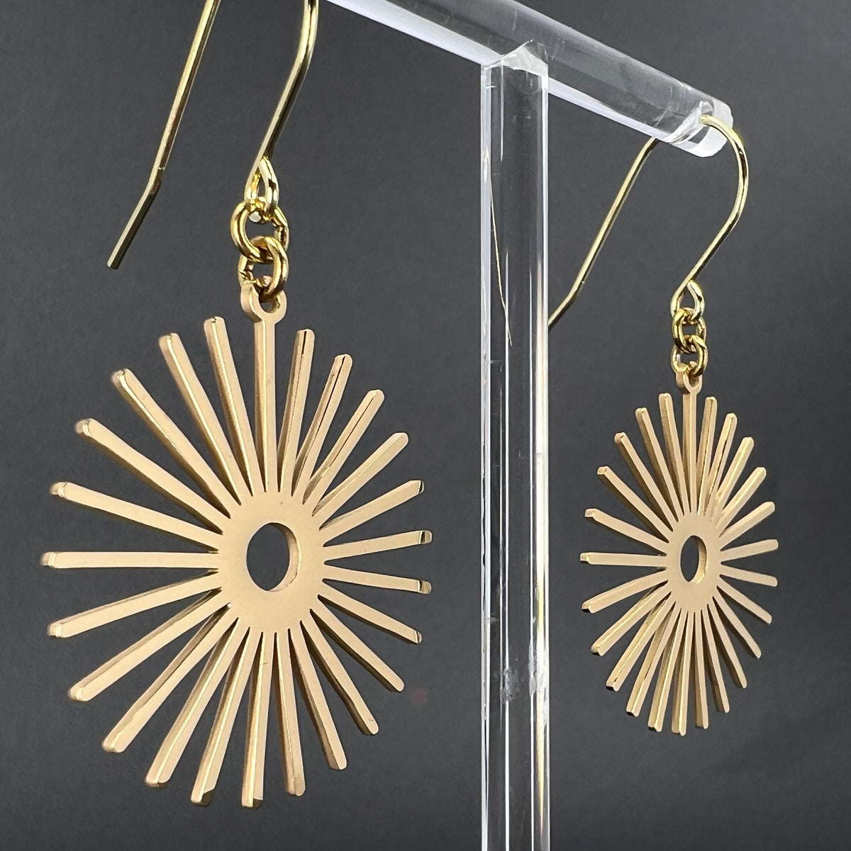 Gold stainless steel sunburst earrings with high-polish finish, 3 cm wide with a 5 cm drop — Ignia Earrings from the Eos Collection, Lawless Jewellery