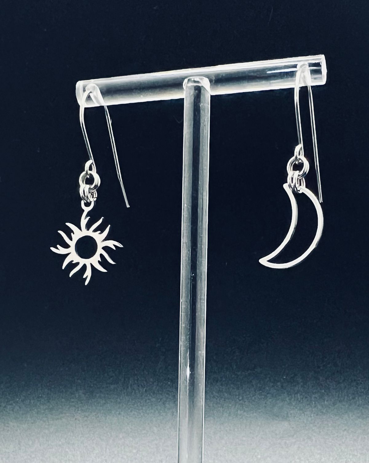 Mismatched stainless steel earrings featuring a crescent moon and radiant sun motif with a 3.5 cm drop - Eos Threshold Earrings, Lawless Jewellery