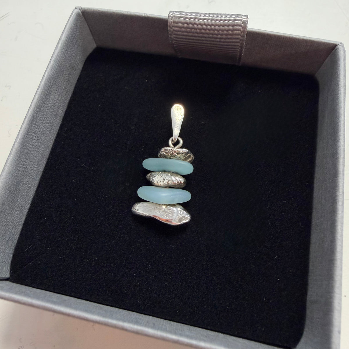 Washed Ashore Stacked Pebbles Sea Glass and Silver Pendant - No chain