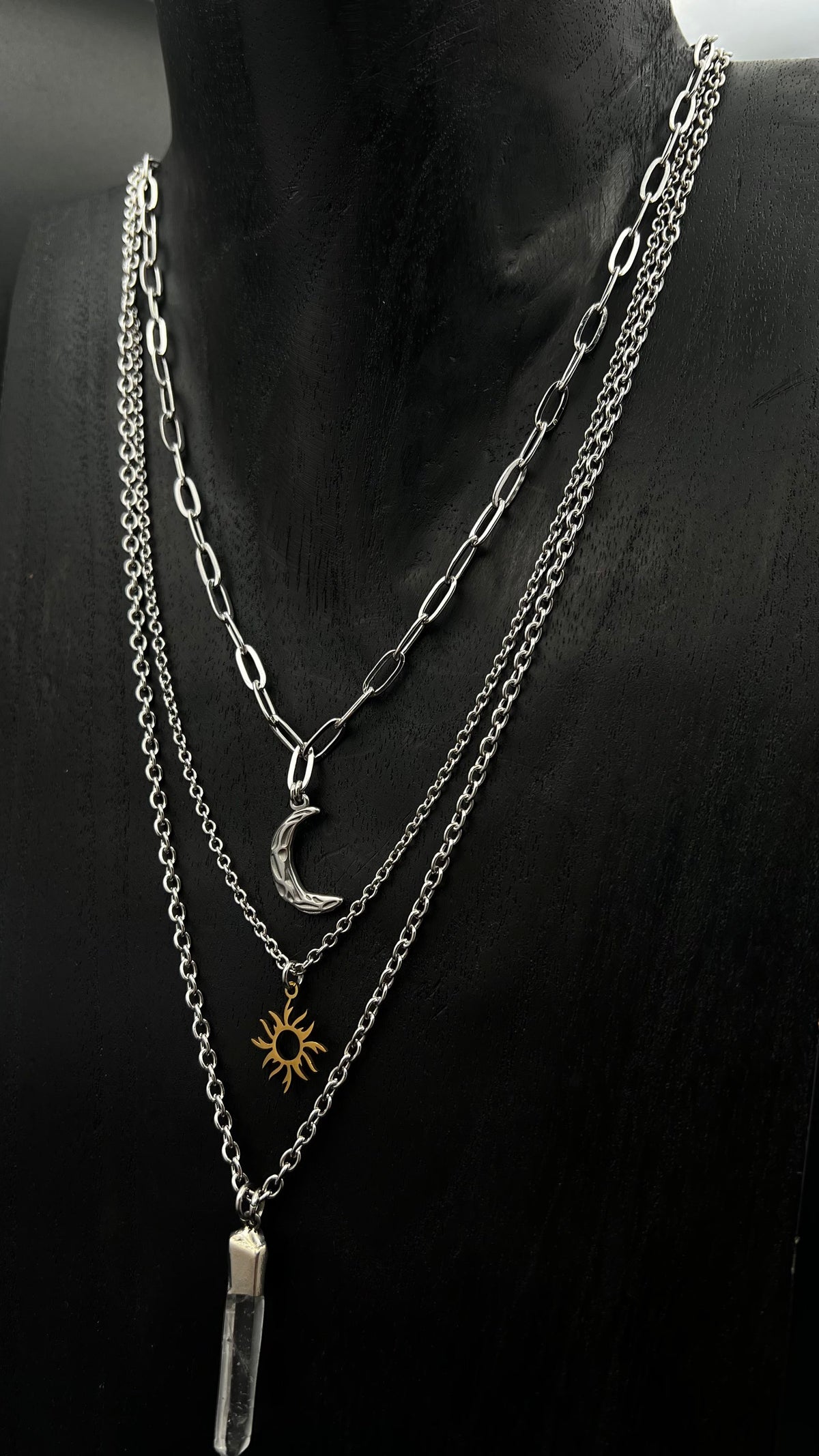 Eos Threshold Triple Layered Necklace with Crystal, Sun and Moon charms