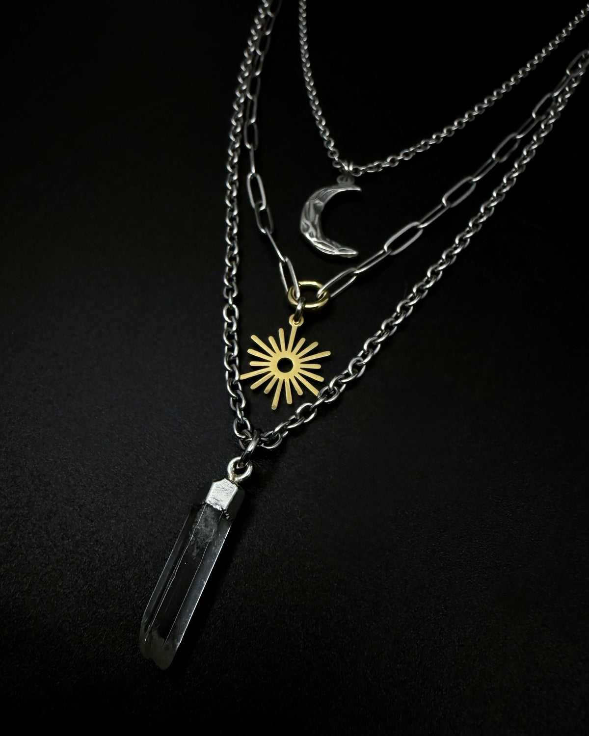 Eos Threshold Triple Layered Necklace with Crystal, Sun and Moon charms