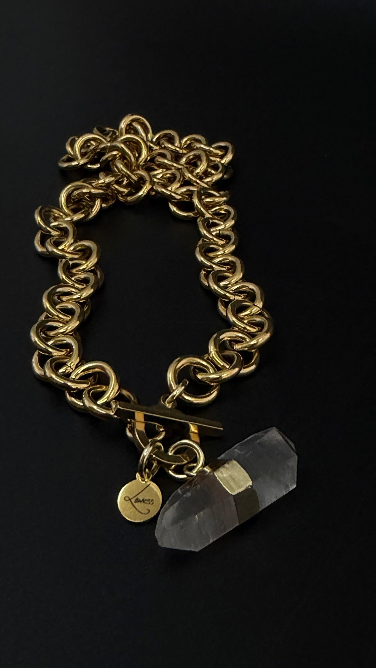 Gold-plated stainless steel chain necklace with raw clear quartz crystal pendant and toggle clasp, Athena Axiom Necklace by Lawless Jewellery.