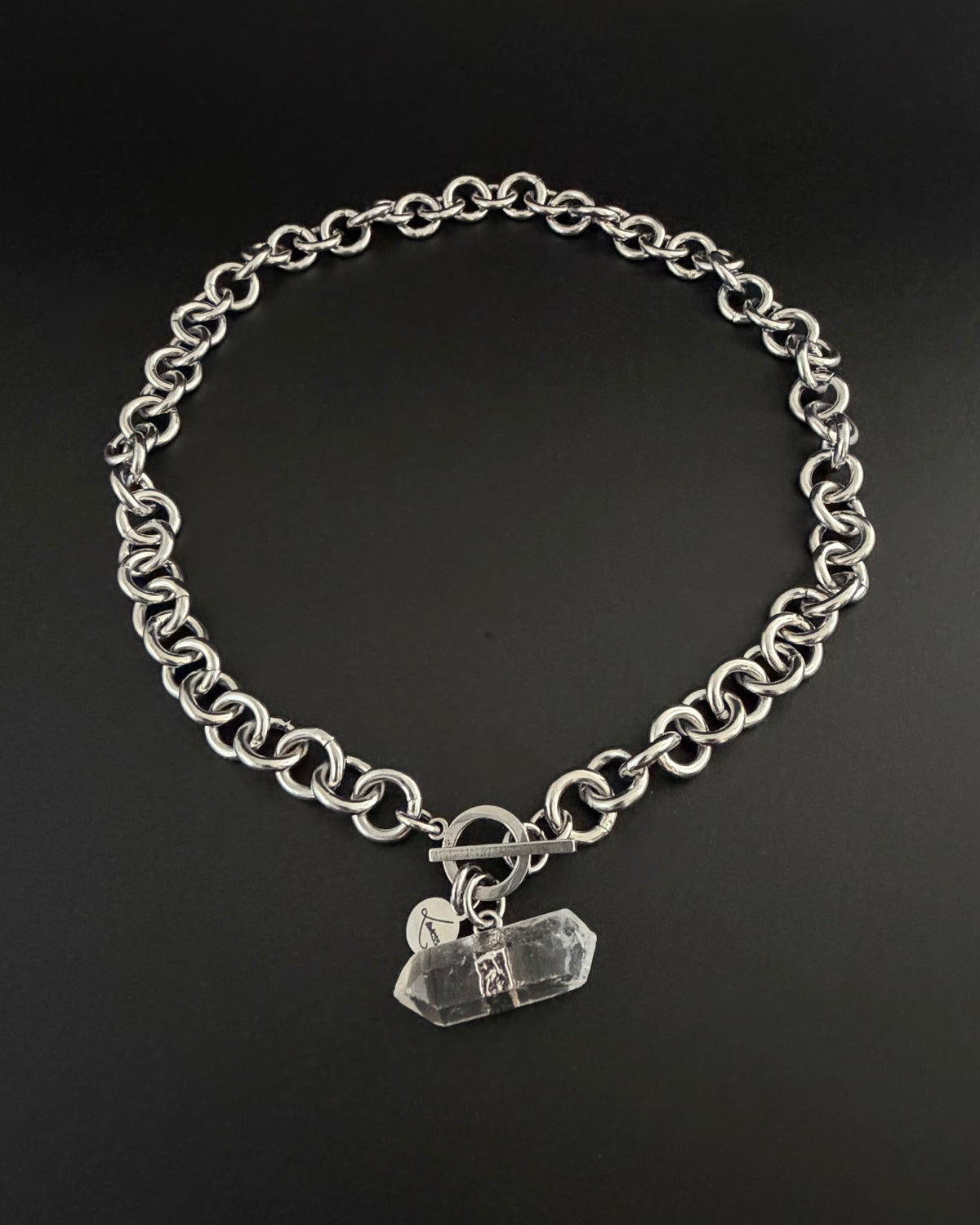 Stainless steel 12mm link chain necklace with raw quartz crystal pendant and toggle clasp, 47cm length — Athena Axiom Necklace, Lawless Jewellery.