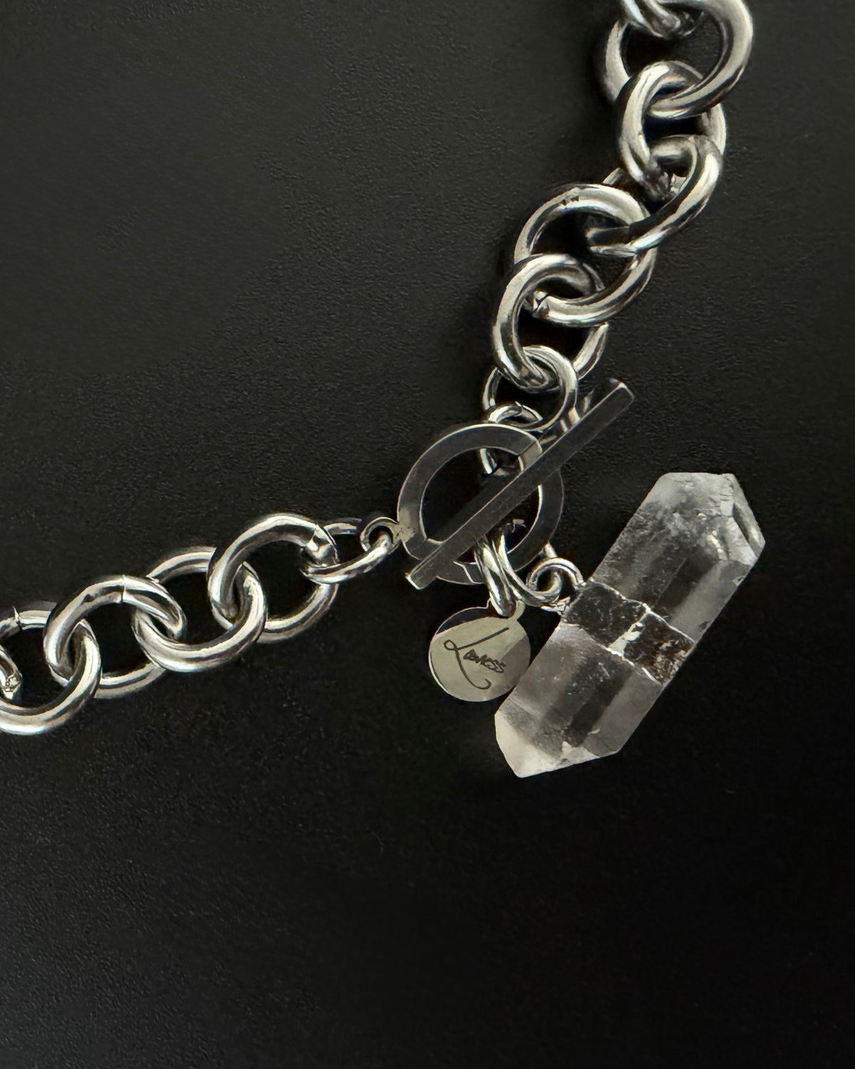 Stainless steel 12mm link chain necklace with raw quartz crystal pendant and toggle clasp, 47cm length — Athena Axiom Necklace, Lawless Jewellery.