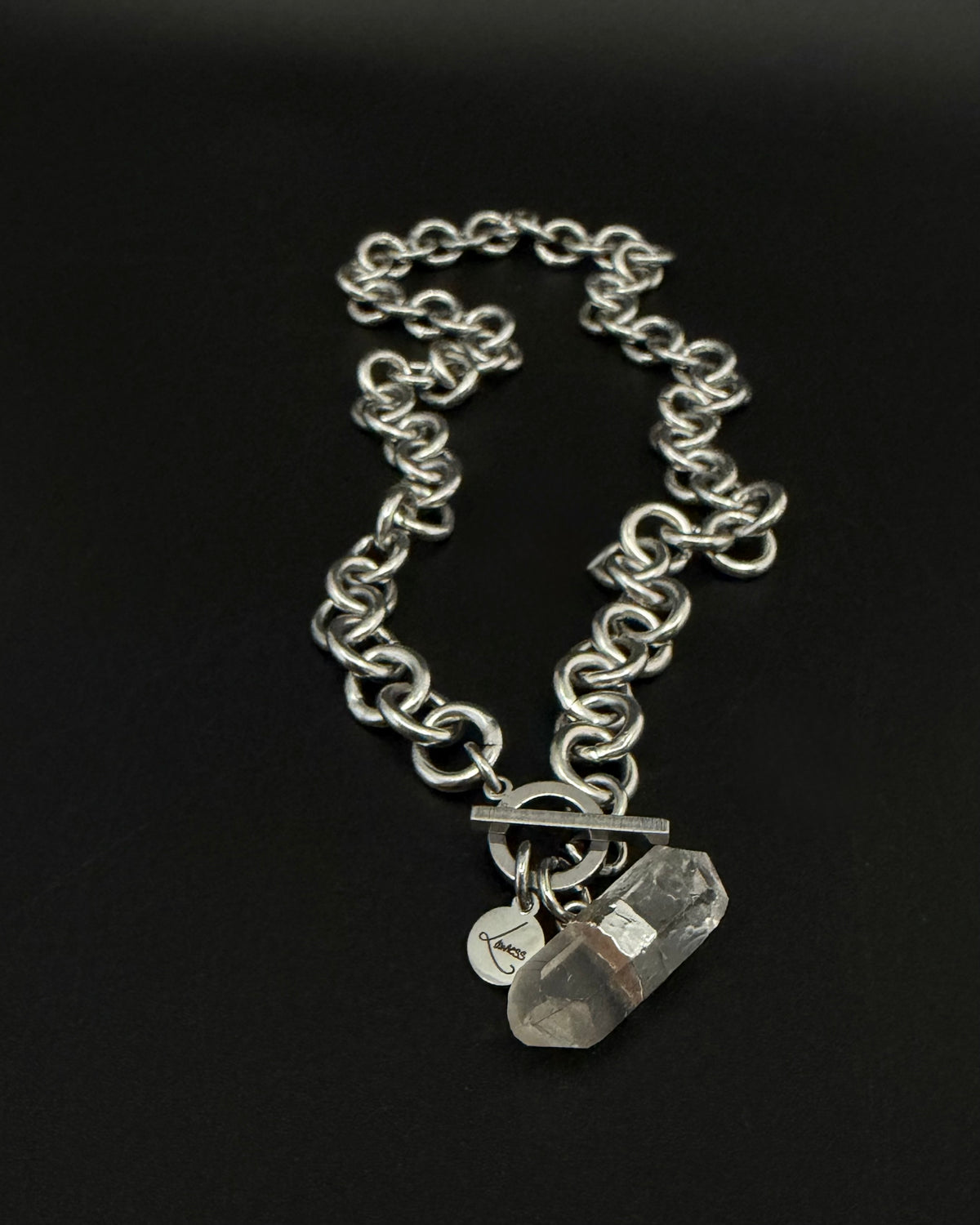 Stainless steel 12mm link chain necklace with raw quartz crystal pendant and toggle clasp, 47cm length — Athena Axiom Necklace, Lawless Jewellery.