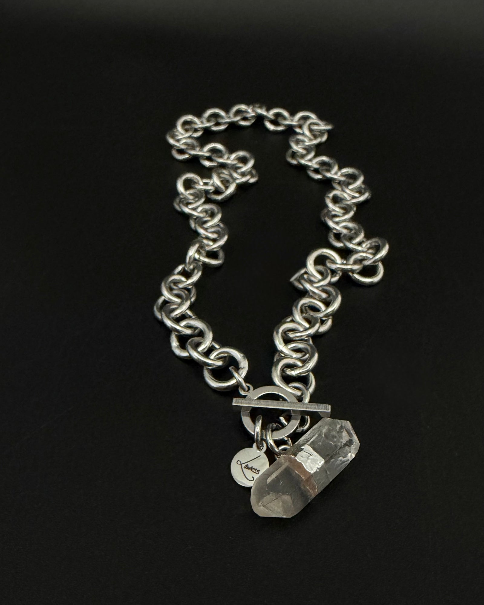 Stainless steel 12mm link chain necklace with raw quartz crystal pendant and toggle clasp, 47cm length — Athena Axiom Necklace, Lawless Jewellery.