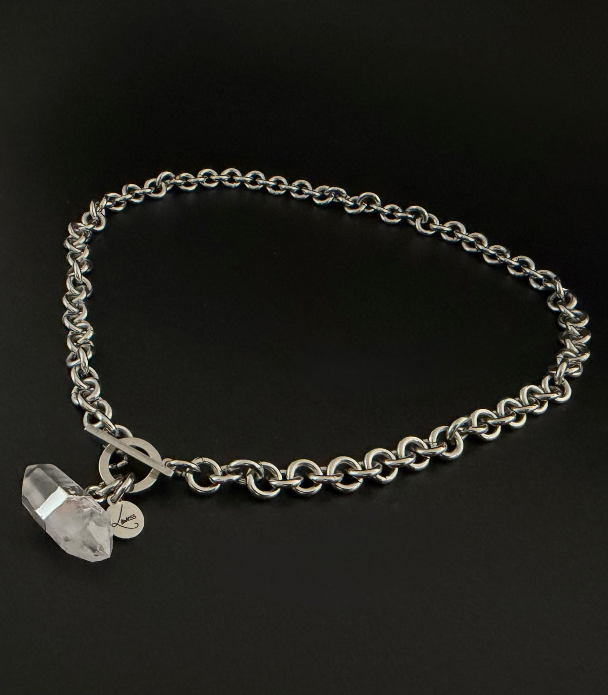 Stainless steel 8mm link chain necklace with raw quartz crystal pendant and toggle clasp, 47cm length — Athena Axiom Necklace, Lawless Jewellery.