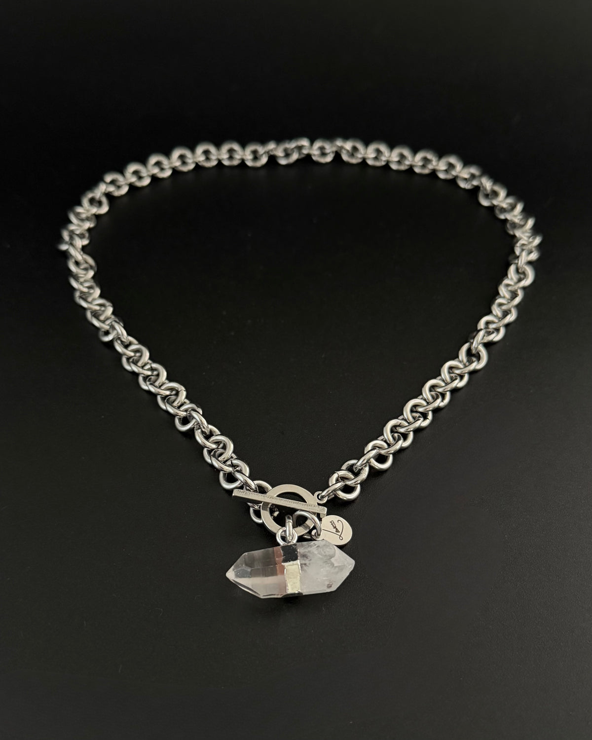 Stainless steel 8mm link chain necklace with raw quartz crystal pendant and toggle clasp, 47cm length — Athena Axiom Necklace, Lawless Jewellery.