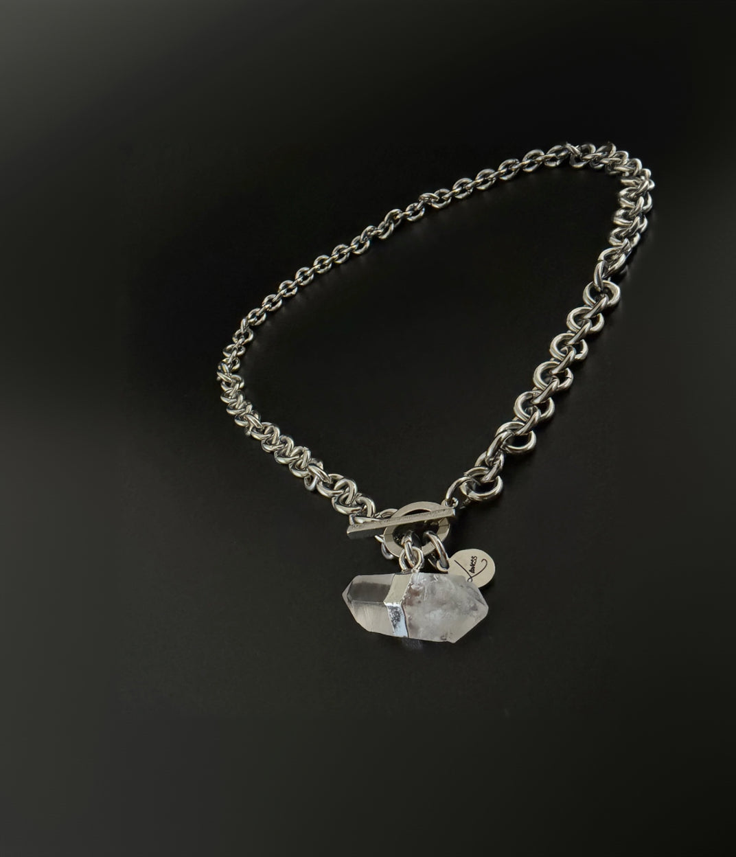 Stainless steel 8mm link chain necklace with raw quartz crystal pendant and toggle clasp, 47cm length — Athena Axiom Necklace, Lawless Jewellery.