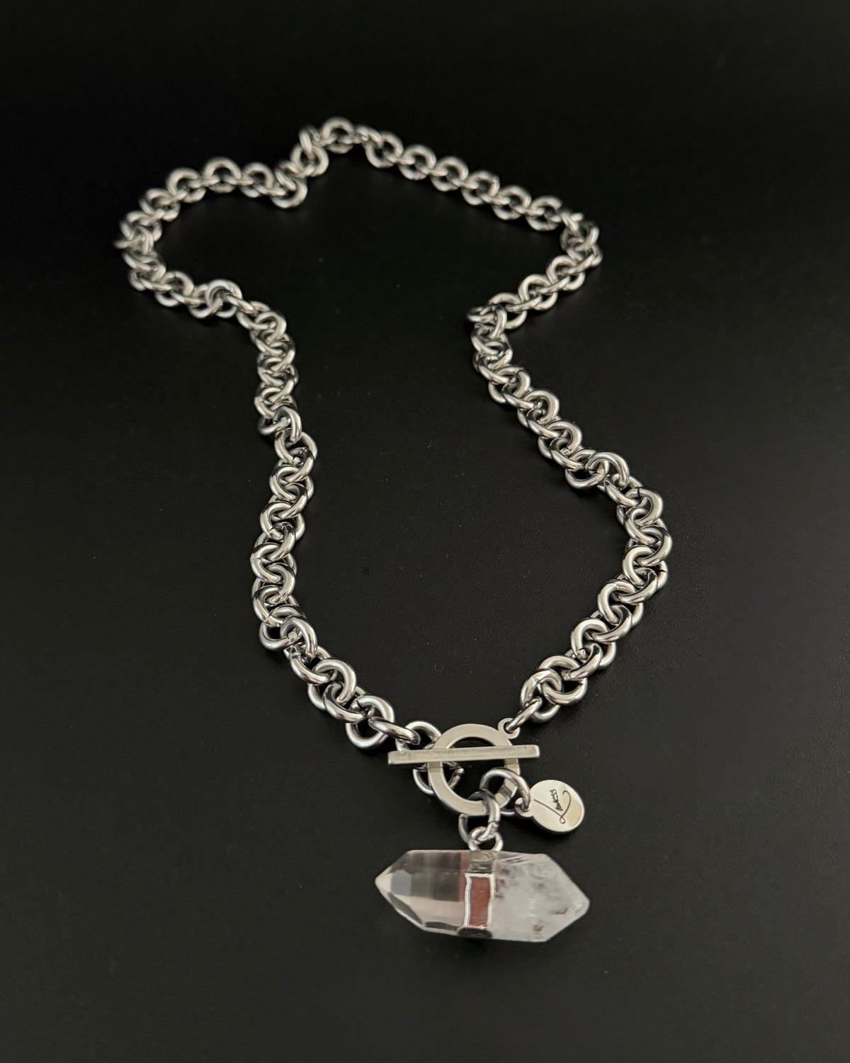 Stainless steel 8mm link chain necklace with raw quartz crystal pendant and toggle clasp, 47cm length — Athena Axiom Necklace, Lawless Jewellery.