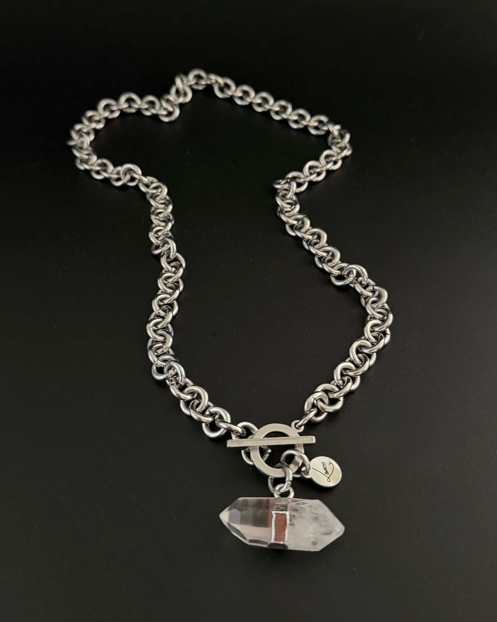 Stainless steel 8mm link chain necklace with raw quartz crystal pendant and toggle clasp, 47cm length — Athena Axiom Necklace, Lawless Jewellery.