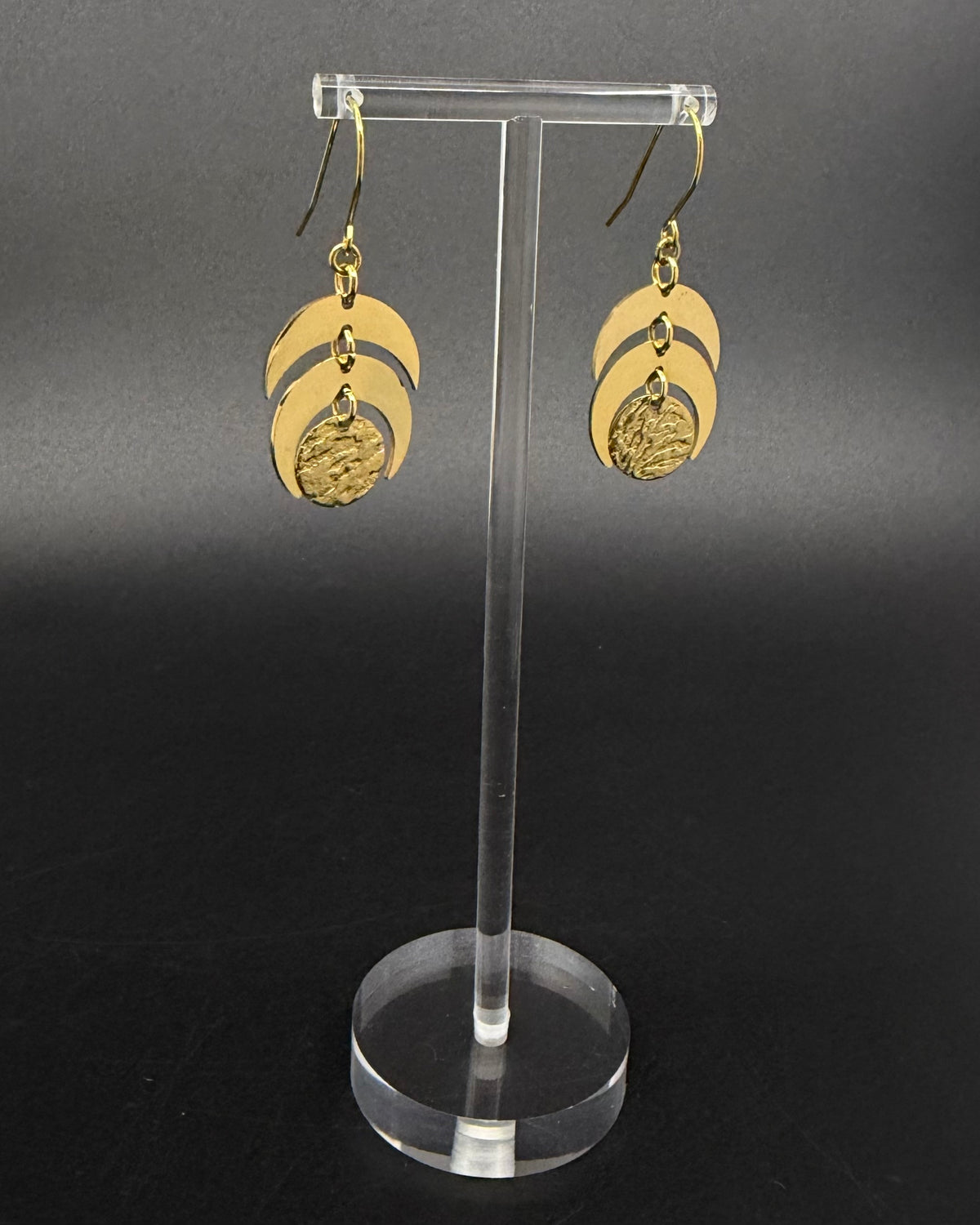 Gold Luna Phase Earrings with sculptural crescent design and textured disc, 20 mm wide with 40 mm drop — Lawless Jewellery.