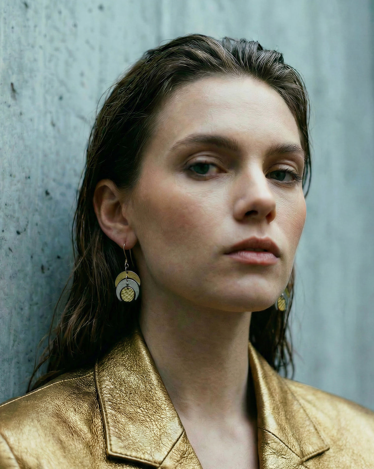 Mixed-metal lunar earrings featuring silver and gold crescents with a textured gold disc, 20 mm wide with a 4 cm drop — Lawless Jewellery.