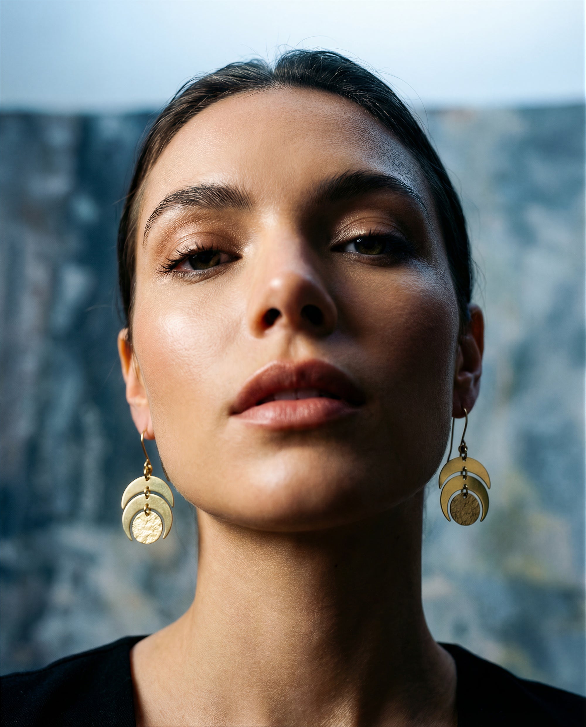 Gold Luna Phase Earrings with sculptural crescent design and textured disc, 20 mm wide with 40 mm drop — Lawless Jewellery.