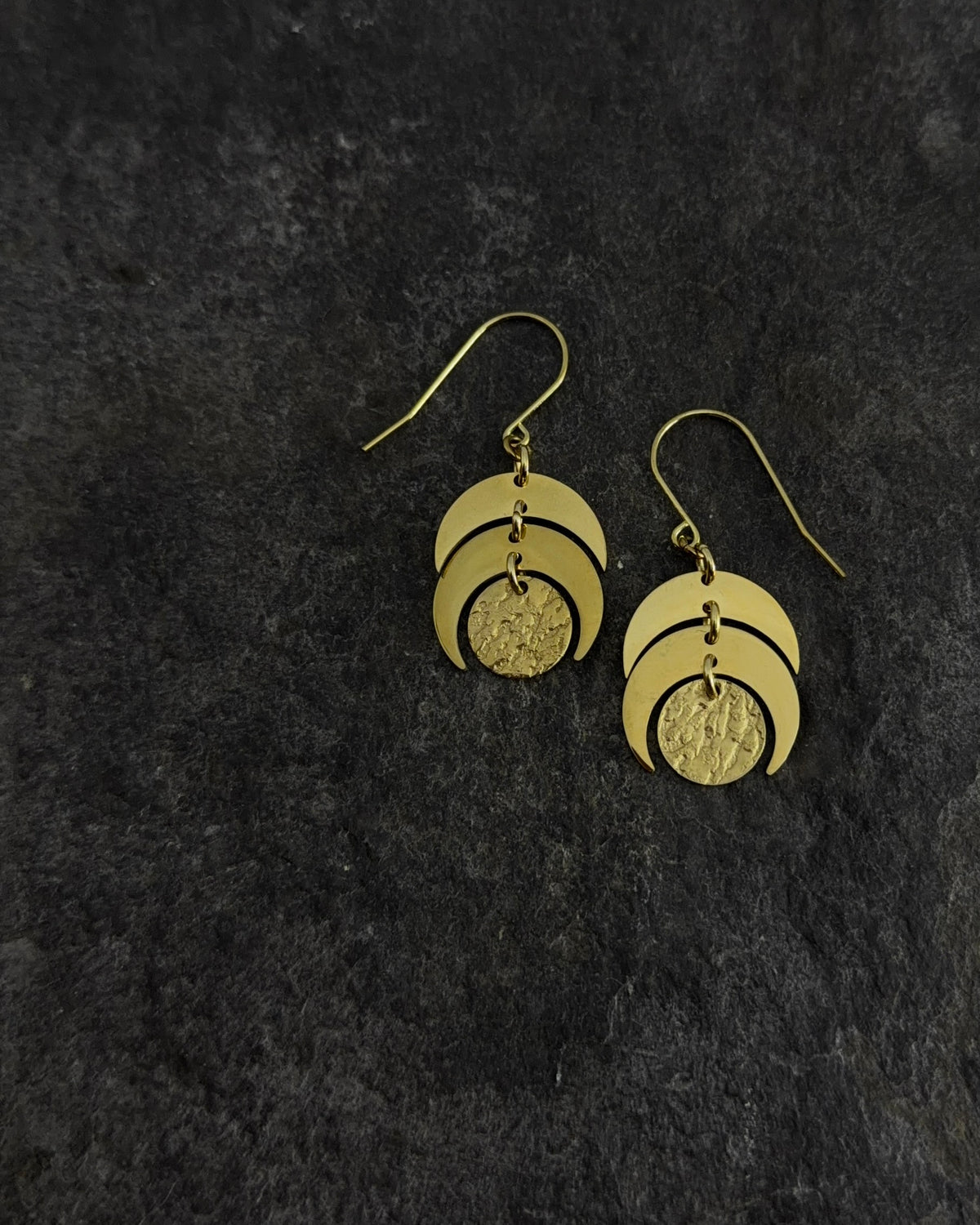 Gold Luna Phase Earrings with sculptural crescent design and textured disc, 20 mm wide with 40 mm drop — Lawless Jewellery.