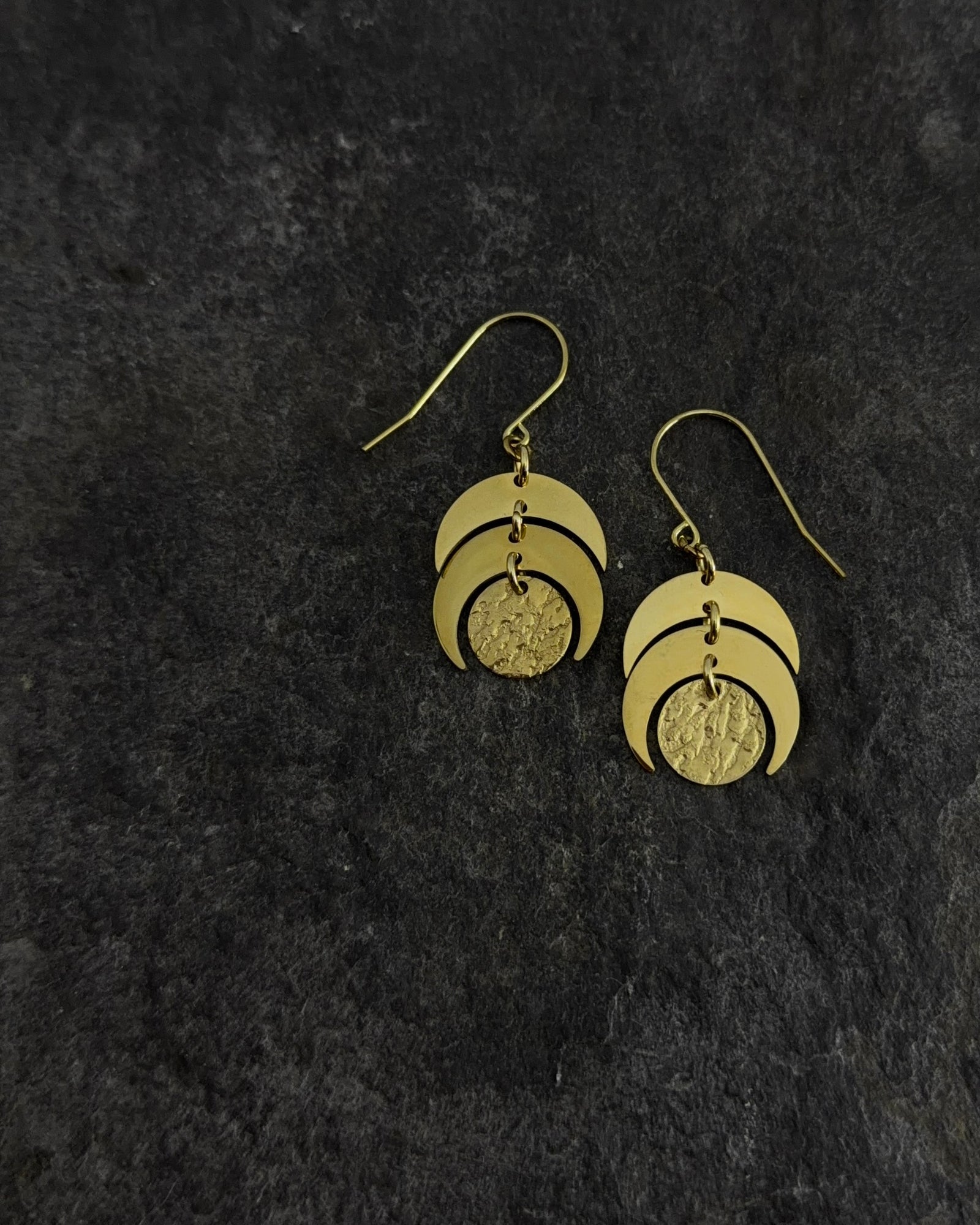 Gold Luna Phase Earrings with sculptural crescent design and textured disc, 20 mm wide with 40 mm drop — Lawless Jewellery.