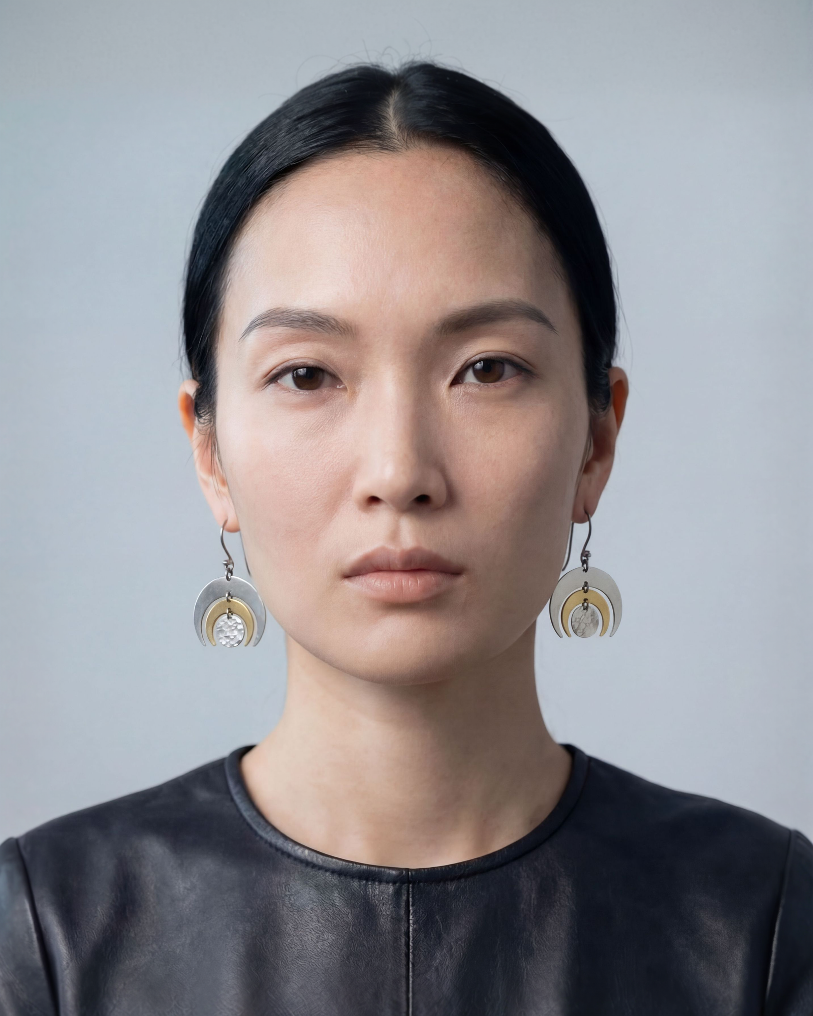 Mixed-metal Luna Phase Earrings with polished silver and gold crescents and a textured central disc, 30 mm wide and approx. 4.5 cm long — Lawless Jewellery