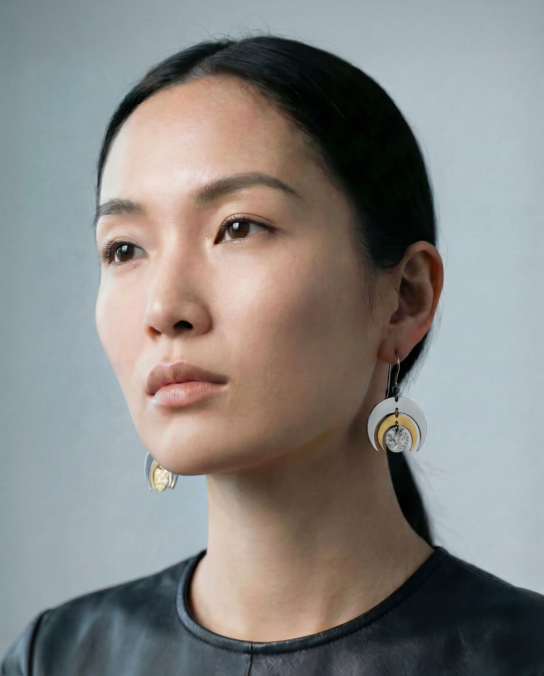 Mixed-metal Luna Phase Earrings with polished silver and gold crescents and a textured central disc, 30 mm wide and approx. 4.5 cm long — Lawless Jewellery