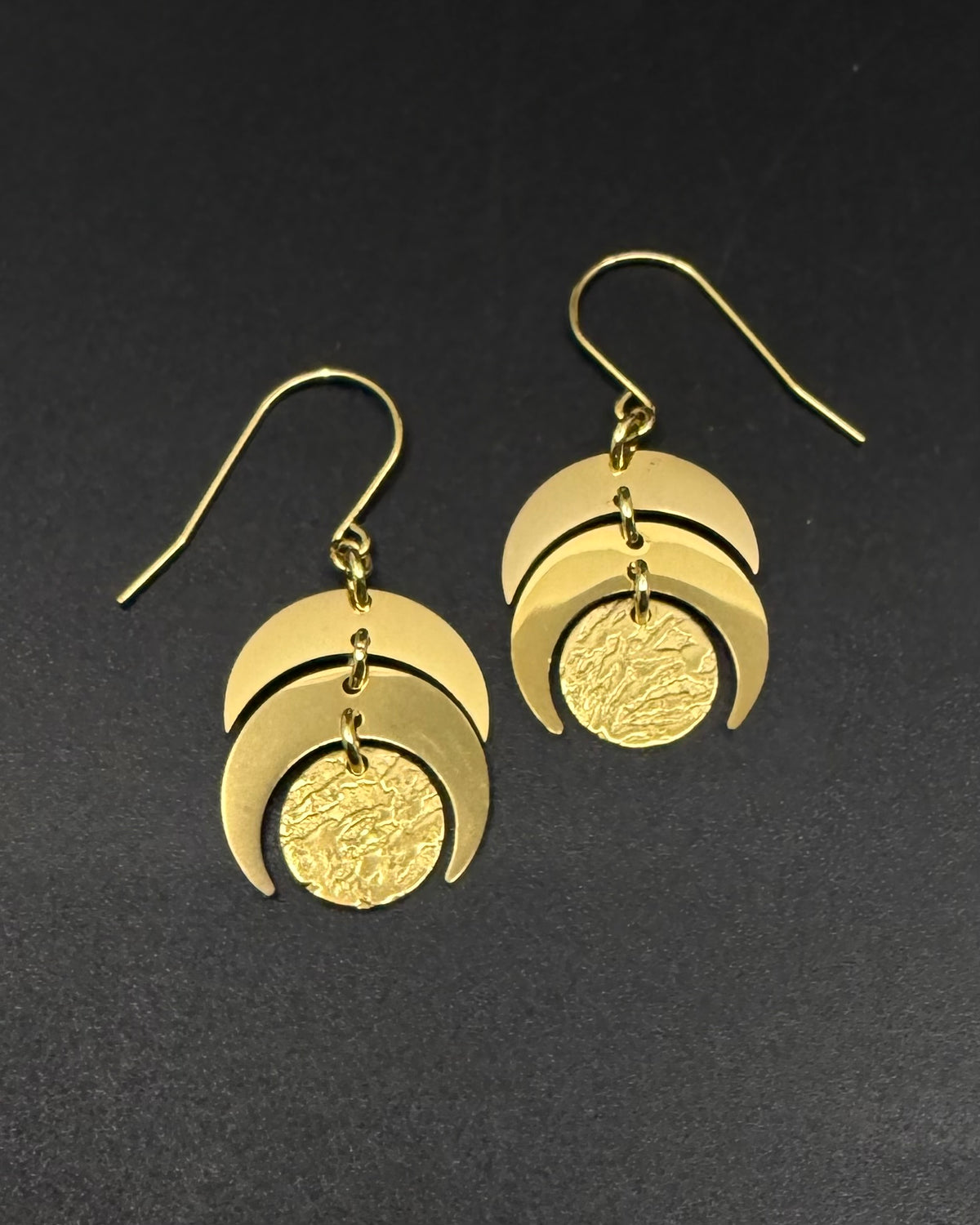 Gold Luna Phase Earrings with sculptural crescent design and textured disc, 20 mm wide with 40 mm drop — Lawless Jewellery.