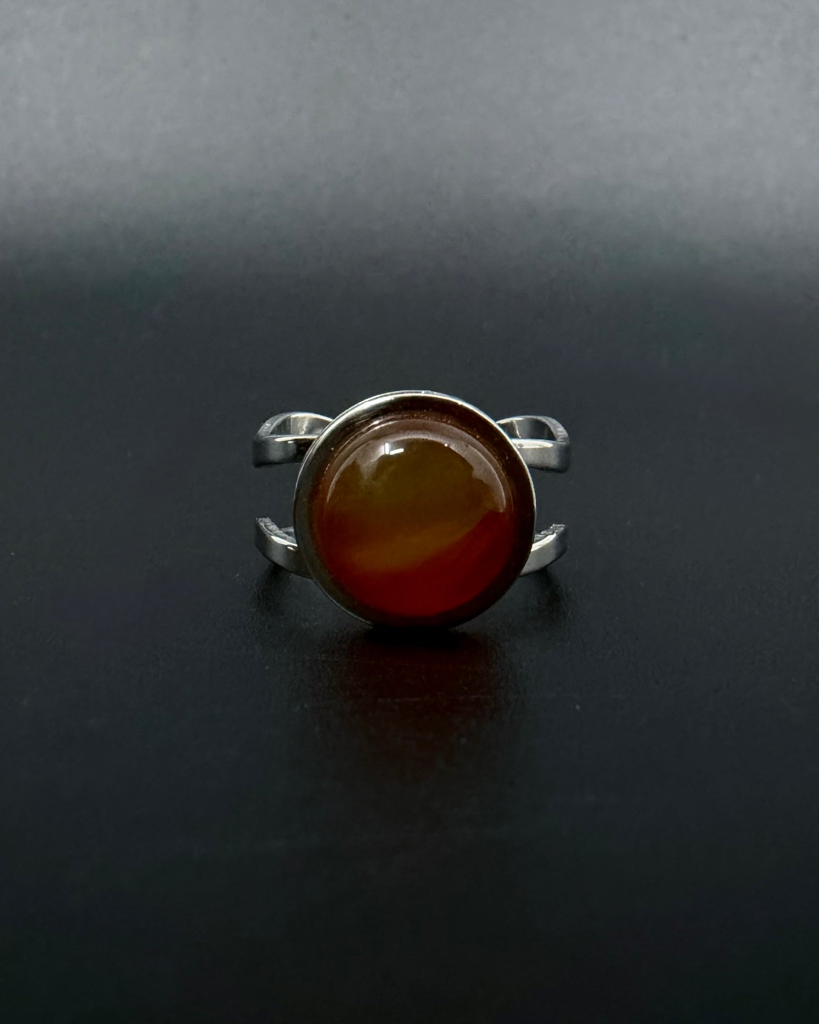 Silver adjustable statement ring with 10mm domed carnelian gemstone, double-shank stainless steel band, Nebulae Core Ring by Lawless Jewellery