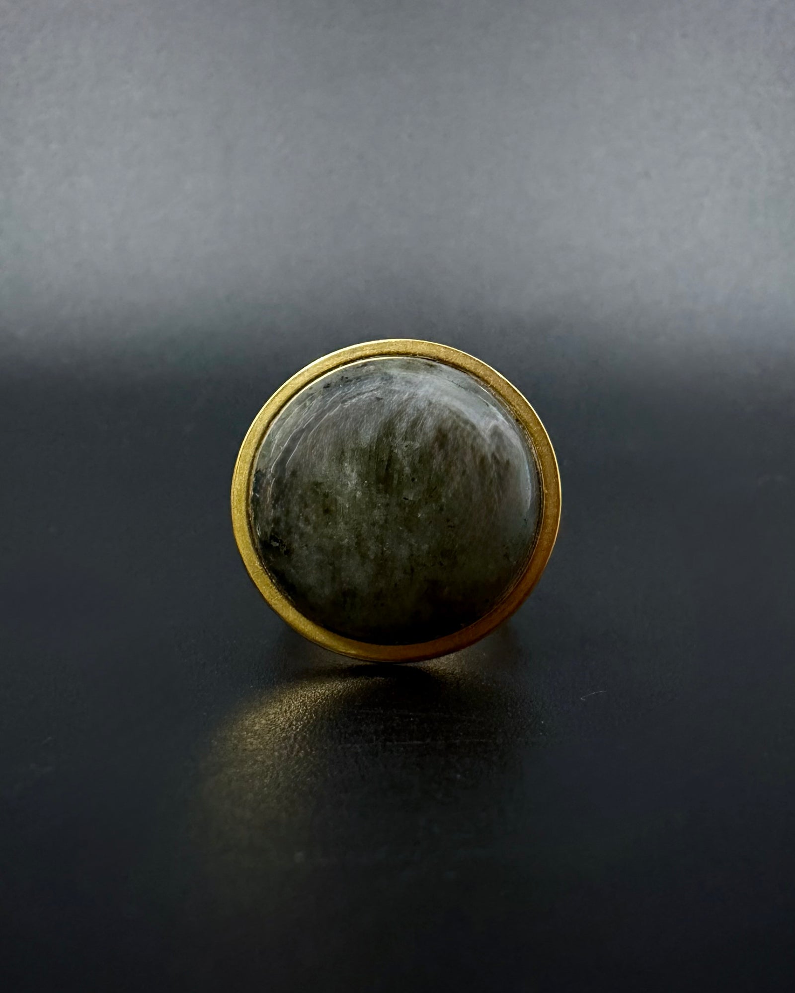 Gold adjustable statement ring with 20mm domed labradorite gemstone, double-shank stainless steel band, Nebulae Core Ring by Lawless Jewellery