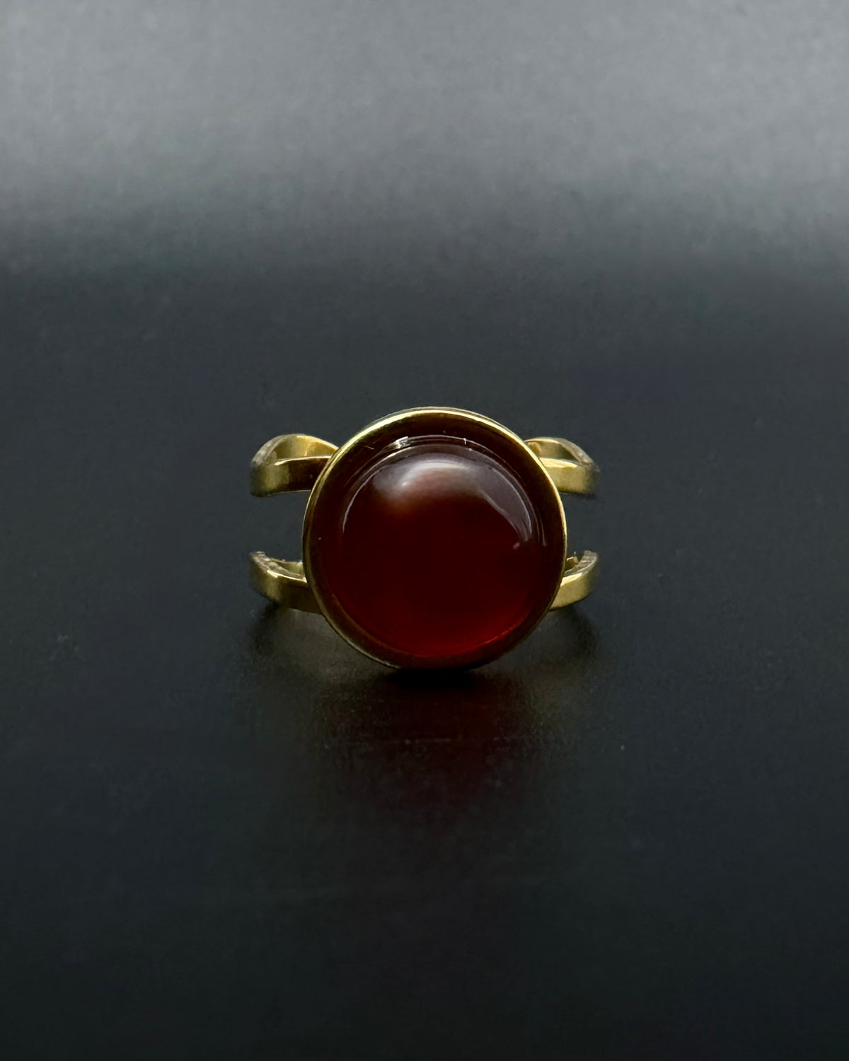 Gold adjustable statement ring with 10mm domed carnelian gemstone, double-shank stainless steel band, Nebulae Core Ring by Lawless Jewellery