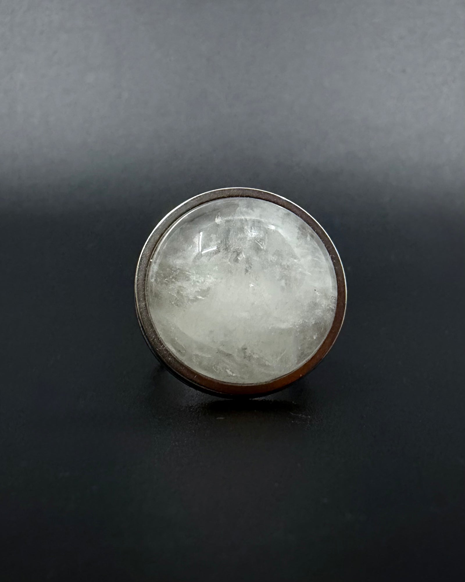 Silver adjustable statement ring with 20mm domed quartz crystal gemstone, double-shank stainless steel band, Nebulae Core Ring by Lawless Jewellery