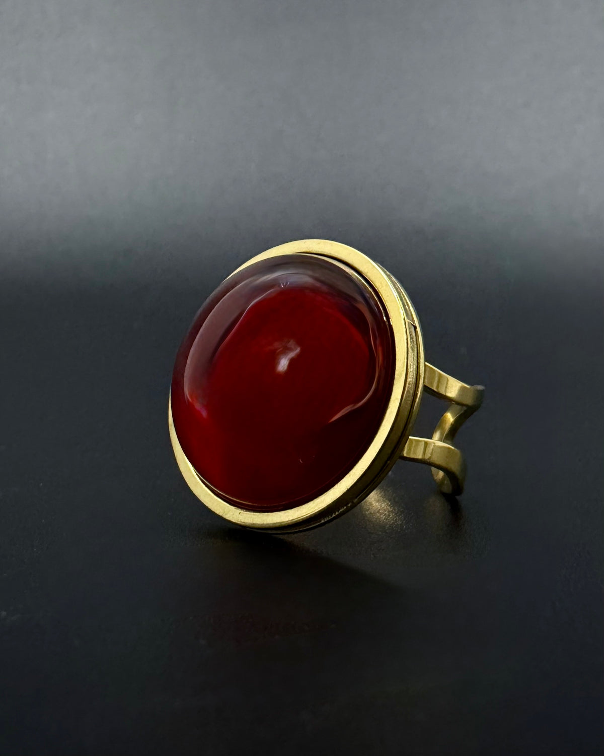 Gold adjustable statement ring with 20mm domed carnelian gemstone, double-shank stainless steel band, Nebulae Core Ring by Lawless Jewellery