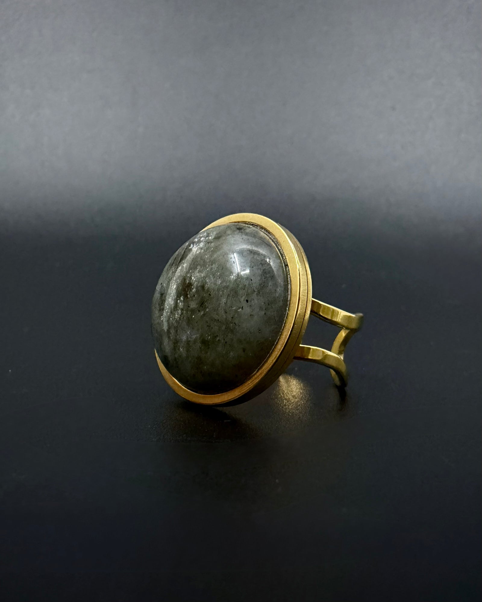 Gold adjustable statement ring with 20mm domed labradorite gemstone, double-shank stainless steel band, Nebulae Core Ring by Lawless Jewellery