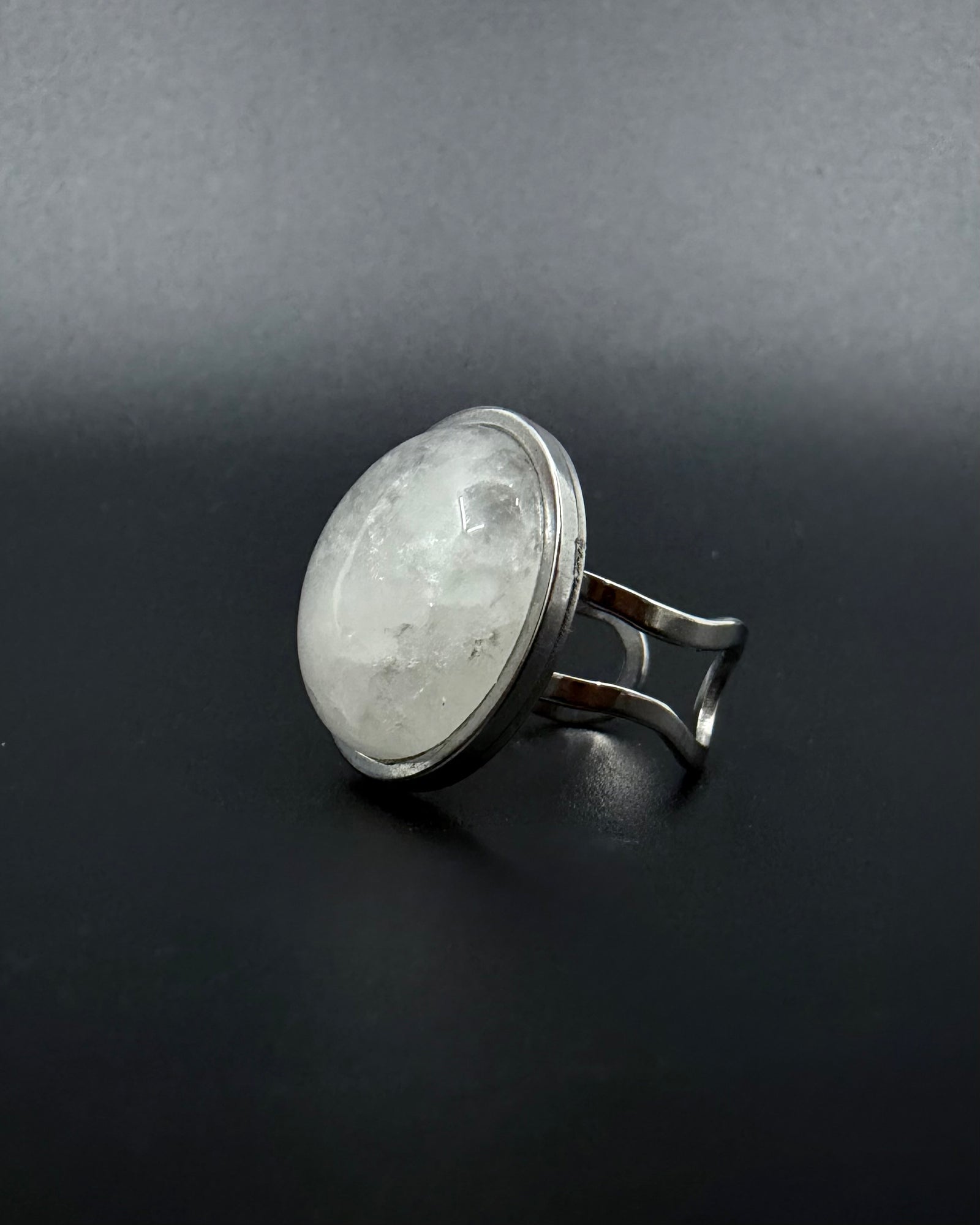 Silver adjustable statement ring with 20mm domed quartz crystal gemstone, double-shank stainless steel band, Nebulae Core Ring by Lawless Jewellery