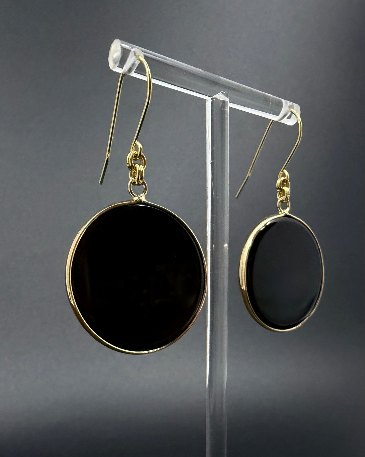 Nebulae Trace Earrings in Obsidian with 30mm black gemstone discs and gold stainless steel hooks, celestial drop earrings by Lawless Jewellery