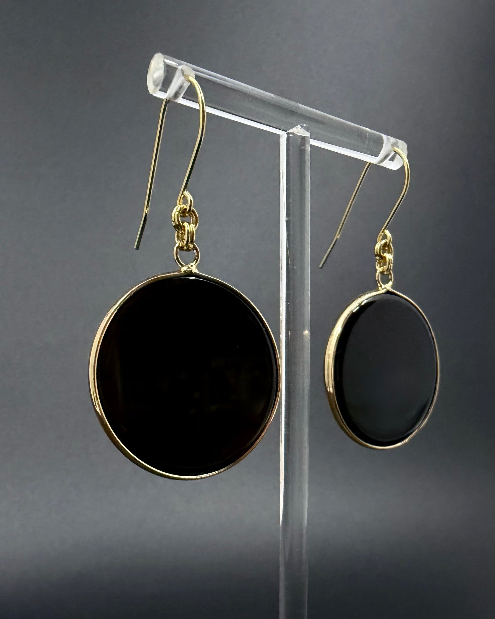 Nebulae Trace Earrings in Obsidian with 30mm black gemstone discs and gold stainless steel hooks, celestial drop earrings by Lawless Jewellery