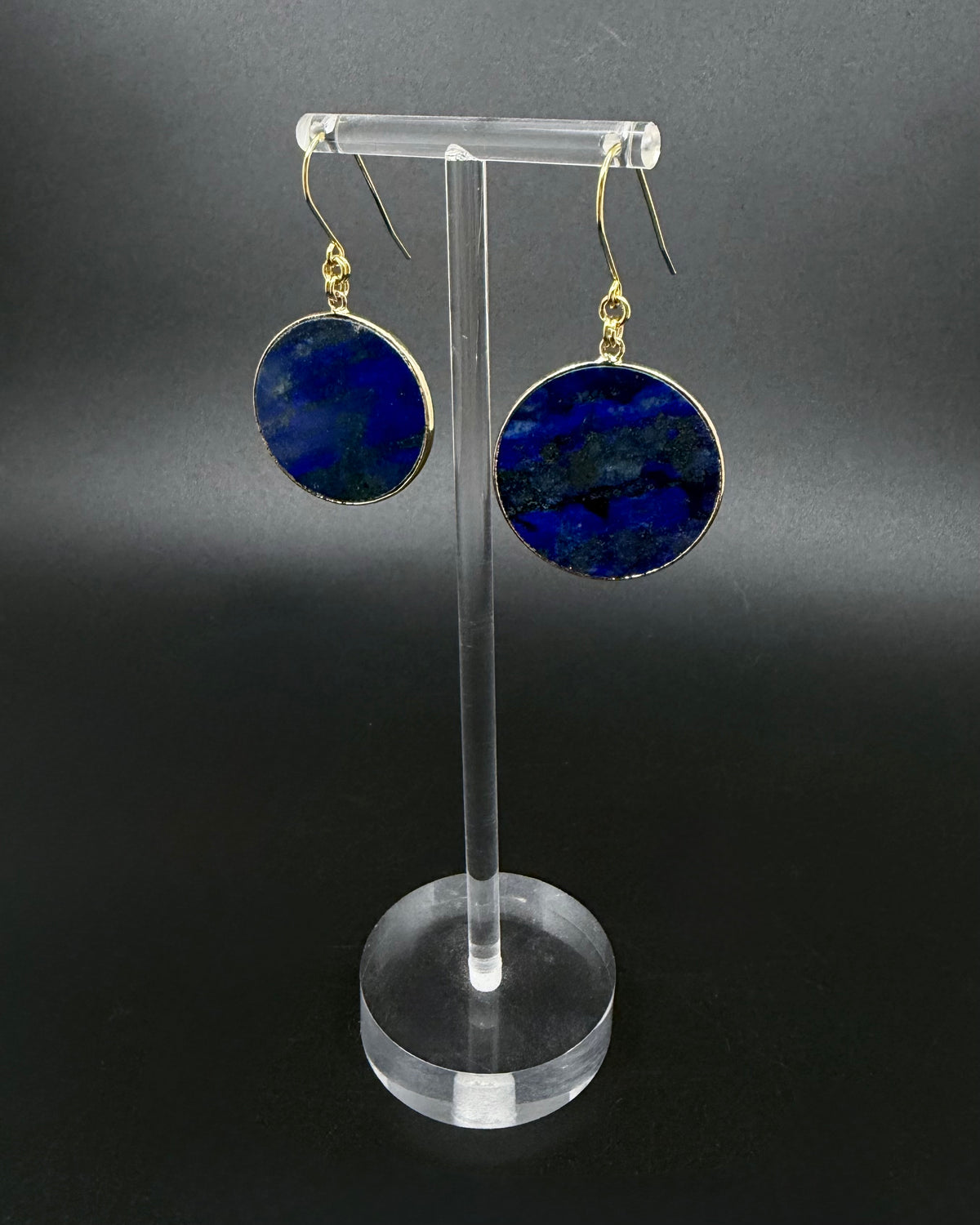 Nebulae Trace Earrings in Lapis Lazuli with 30mm blue gemstone discs and gold stainless steel hooks, celestial statement drop earrings by Lawless Jewellery