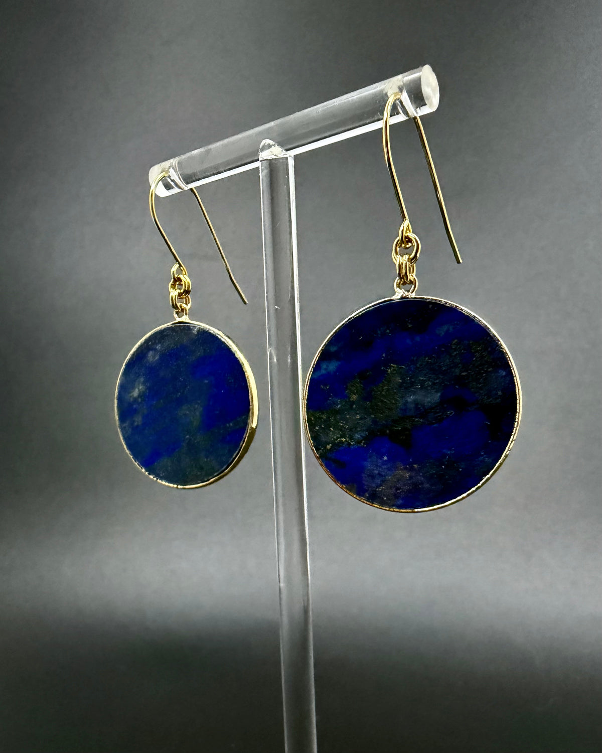 Nebulae Trace Earrings in Lapis Lazuli with 30mm blue gemstone discs and gold stainless steel hooks, celestial statement drop earrings by Lawless Jewellery