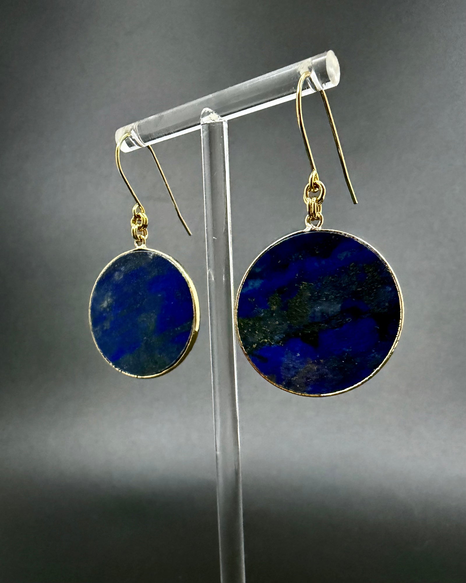 Nebulae Trace Earrings in Lapis Lazuli with 30mm blue gemstone discs and gold stainless steel hooks, celestial statement drop earrings by Lawless Jewellery