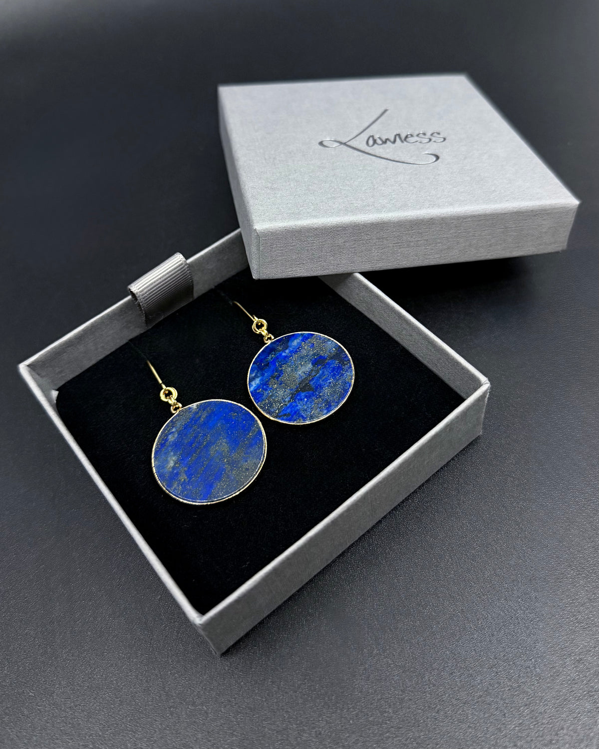 Nebulae Trace Earrings in Lapis Lazuli with 30mm blue gemstone discs and gold stainless steel hooks, celestial statement drop earrings by Lawless Jewellery