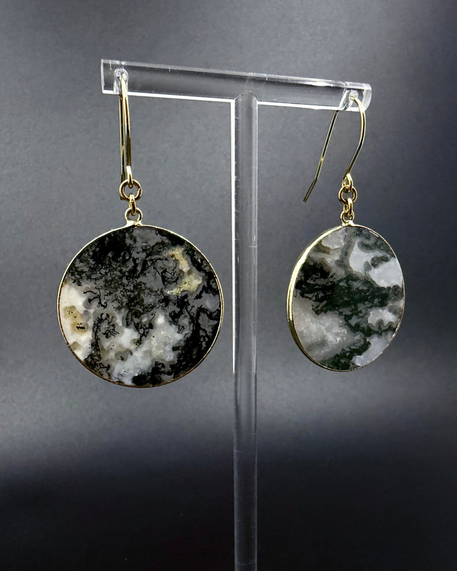 Nebulae Trace Earrings in Moss Agate featuring 30mm translucent white and green gemstone discs with gold stainless steel hooks, celestial drop earrings by Lawless Jewellery